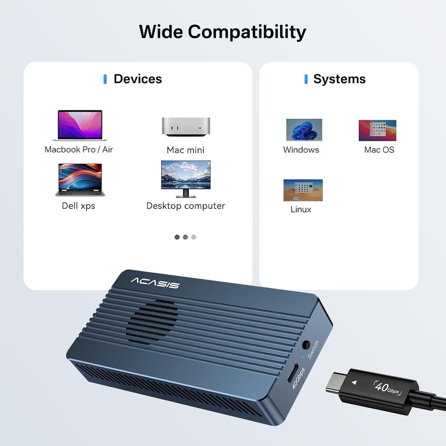 ACASIS 40Gbps M.2 NVMe SSD Enclosure, with Cooling Fan, TBU 405 Pro for M1 M2 Pro/Max, Compatible with Thunderbolt 4/3/USB3.2/3.1/3.0/2.0, M.2 Enclosure Support SSD 2280/2260/2242/2230 B+M M-Key