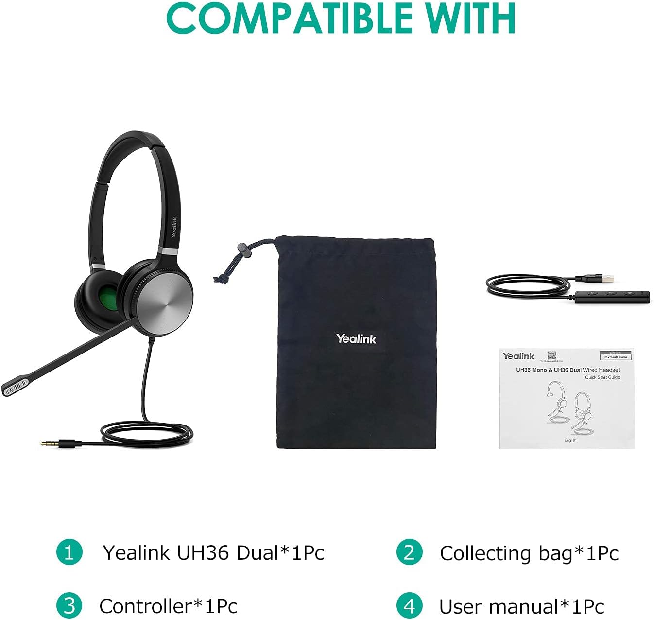 Yealink UH36 Professional USB Headset Wired Headphones for Work Calls and Music, Headset with Noise Cancelling Mic for Computer PC Laptop(UC Compatible, Stereo,3.5mm Jack/USB Connection)