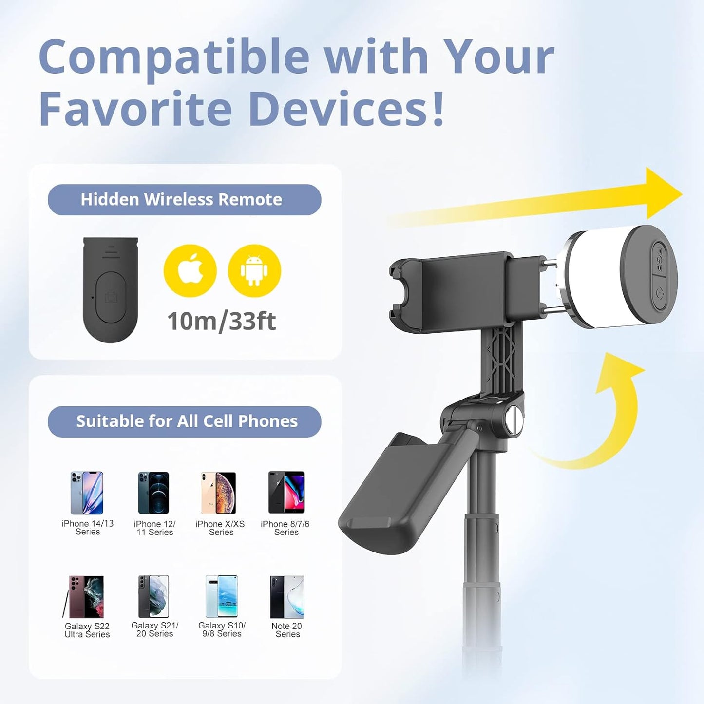Sensyne Selfie Stick with Light, Phone Tripod with 360° Rotatable Handle Compatible with Cellphones for Selfies/Photography/Video Calls/Live Stream/Content Creating (Black)