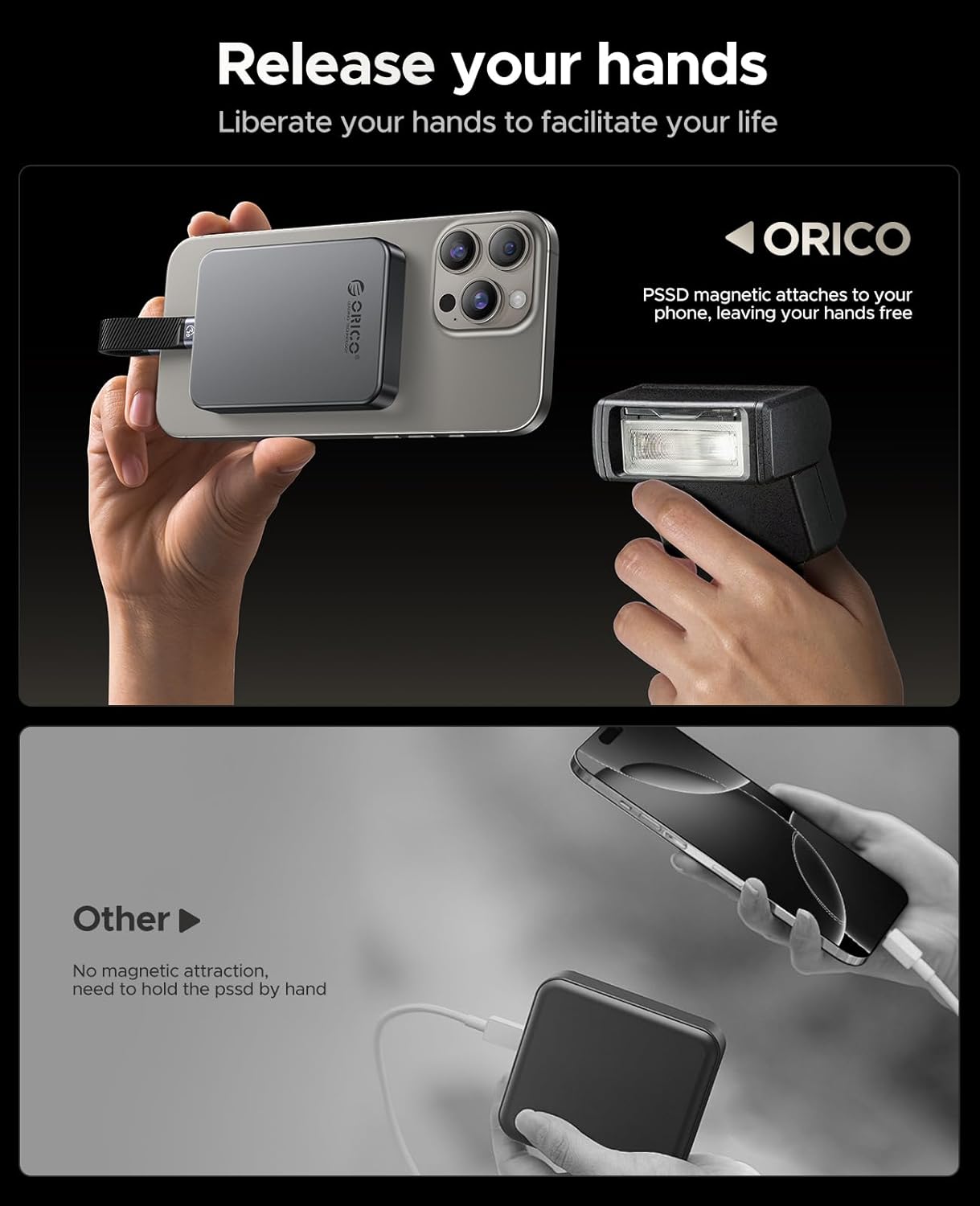 ORICO 1TB Magnetic SSD, PD100W Charging, 4K ProRes HDR, 1000MB/s USB 3.2, Portable External Drive for iPhone 16/15, Laptops, Tablets - Aluminum Alloy, Drop Resistant - K10
