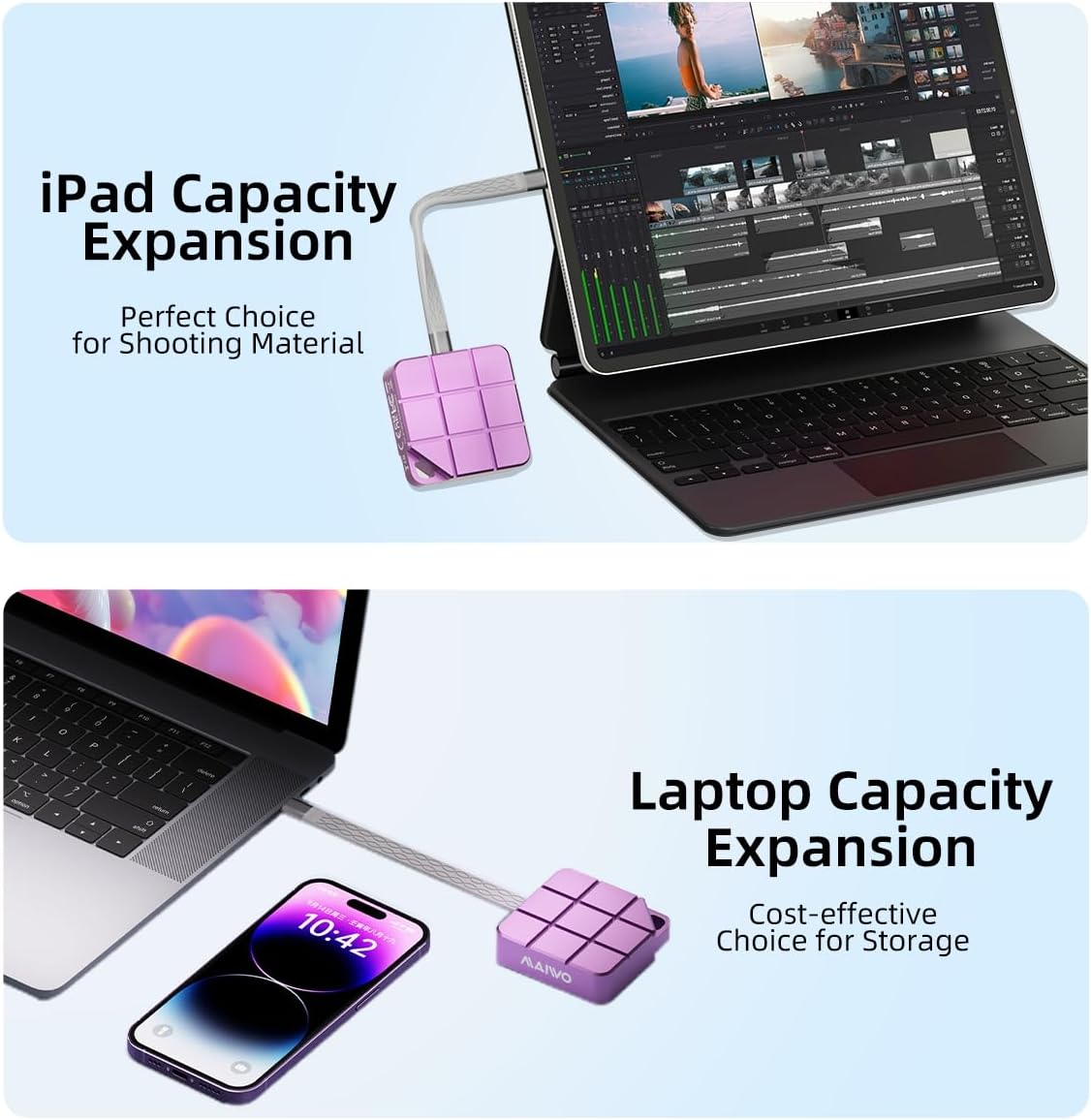 MAIWO 256GB Portable SSD External Solid State Drive, USB 3.2 GEN 2 Type-C Up to 1050MB/s, Mini PSSD for iPhone 15 Pro Max MacBook Pro PS5, Aluminum (Pinkish Purple)