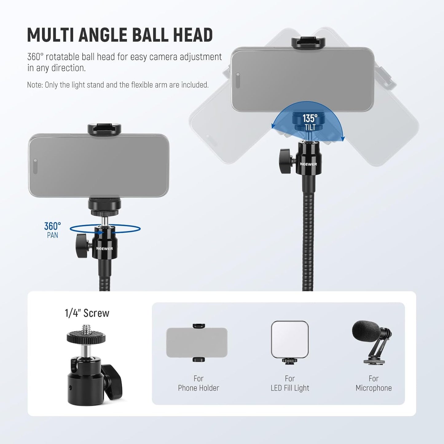 NEEWER 71" Phone Tripod Stand with Reversible Legs Flexible Arm 360° Ball Head Phone Holder & Remote, Portable Photography Light Stand Compatible with iPhone 16 15 Pro Max for Video Recording, TS06