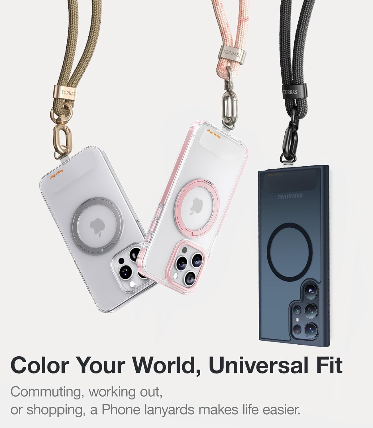 TORRAS Phone Lanyard Crossbody with 2 Phone Tabs, Adjustable Anti Theft Strap for All Cellphone, Premium Metal Buckles, Skin-Friendly, Universal Cellphone Neck lanyard for Travel Essentials, Beige