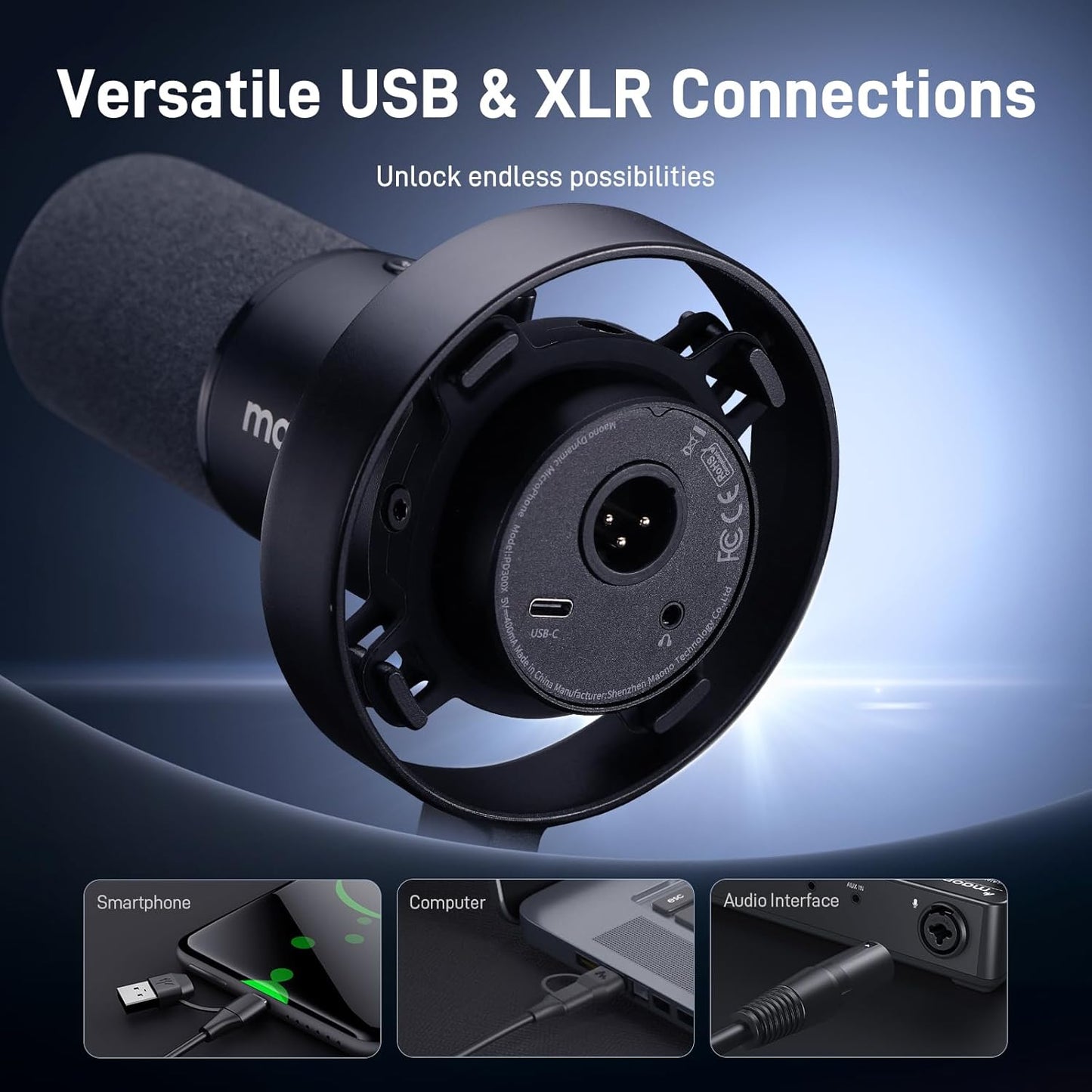 MAONO Dynamic Microphone-XLR USB Podcast Recording Mic: for Vocal Recording, Content Creation, Home Studio, Voiceover, with 192kHz/24bit, Noise Reduction, Mic Gain, Monitoring, Mute (PD300X)