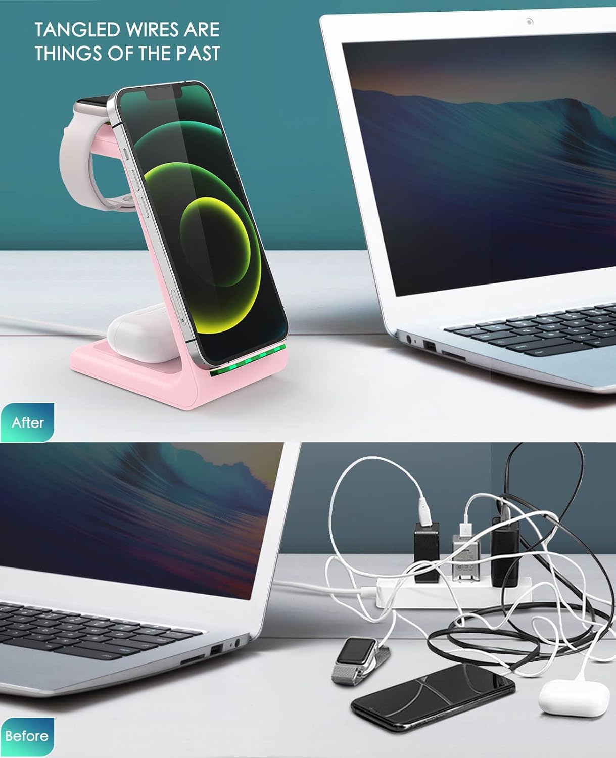 3 in 1 Wireless Charging Station, 2025 Upgraded Fast Desk Charger Station for iPhone 16 15 14 13 12 Pro Max Plus, Charger Stand for Apple Watch 10 9 8 7 6 5 4 3 2 SE, Airpods 4 3 2 Pro(Pink)
