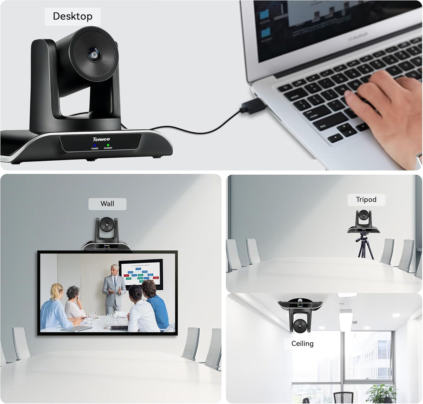 Tenveo PTZ Conference Camera 3X Optical Zoom FHD 1080P 60FPS, 114ยฐ Wide View Angel USB3.0/HDMI/RS485/RS232 PTZ Camera for Video Conferencing Church Services Online Education Zoom OBS Teams