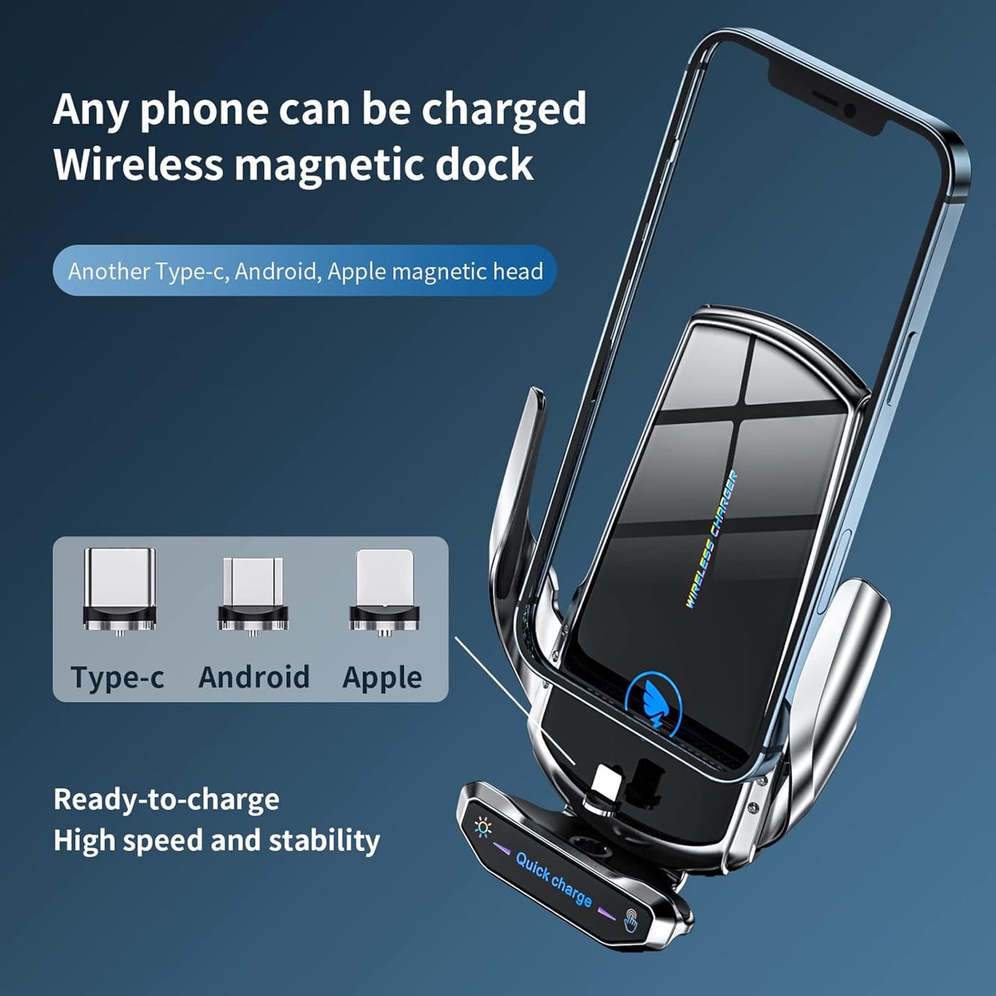 Wireless Car Charger Mount Automotive Electric Induction 15W Fast Charging Auto Clamping Car Phone Holder Mount Wireless Charging Mount Air Vent Phone Holde Compatible with All Android (Silver)