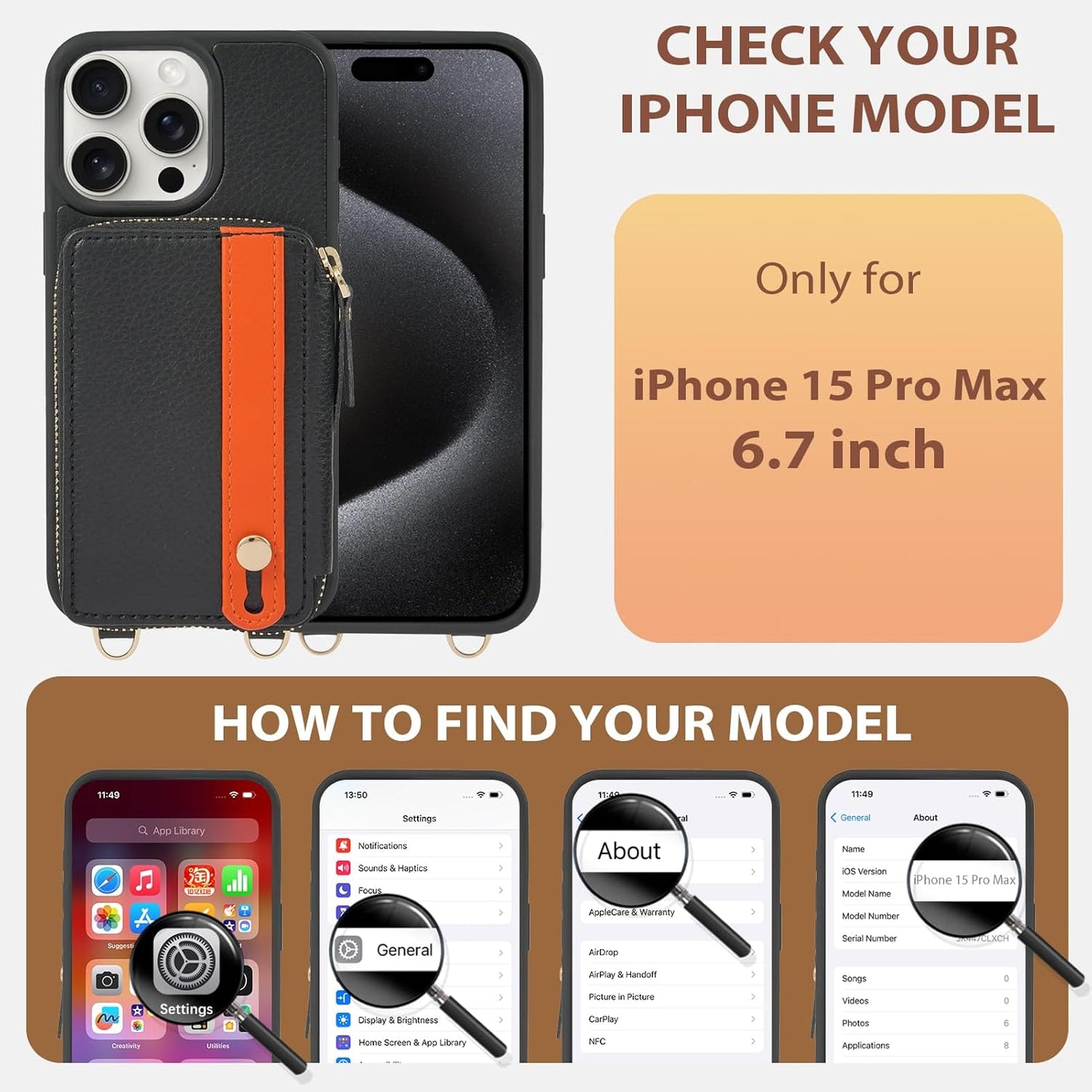 LAMEEKU for iPhone 15 Pro Max Wallet Case with Card Holder, Zipper Leather Crossbody Case with Kickstand Wrist Strap Lanyard for Women, Cover Phone Grip Holder Stand 6.7" -Black"