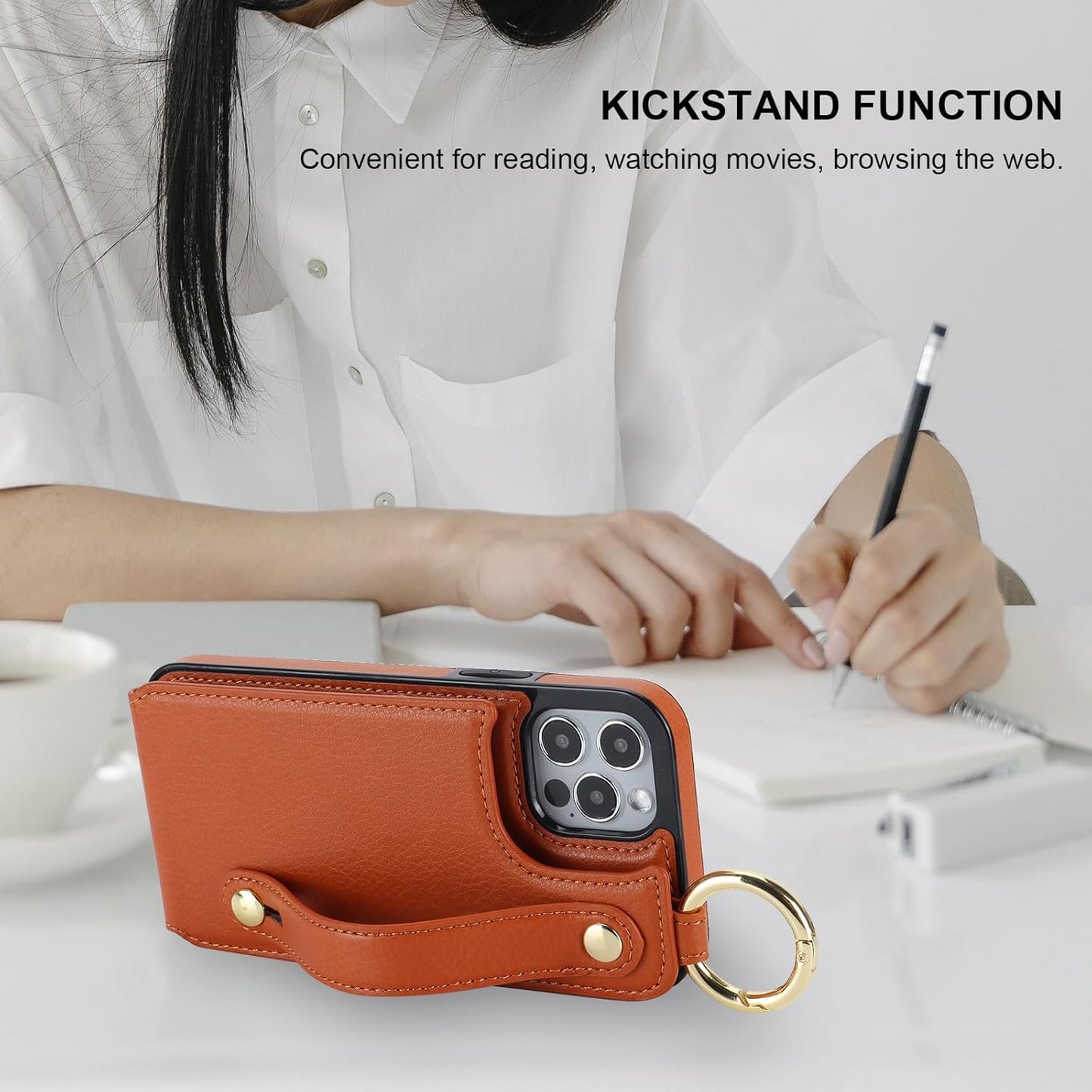 Folosu for iPhone 12/12 Pro Wallet Case with Card Holder, Hand Wrist Strap Loop Holder Kickstand, RFID Blocking Finger Grip Ring PU Leather Double Buttons Shockproof Cover 6.1" Brown"