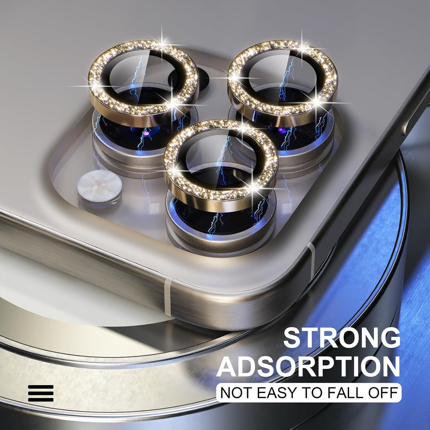 Choiche Compatible for iPhone 15 Pro/iPhone 15 Pro Max Camera Lens Protector Bling, 9H Tempered Glass Camera Cover Screen Protector Metal Ring Decoration Accessories (Glitter-Gold)