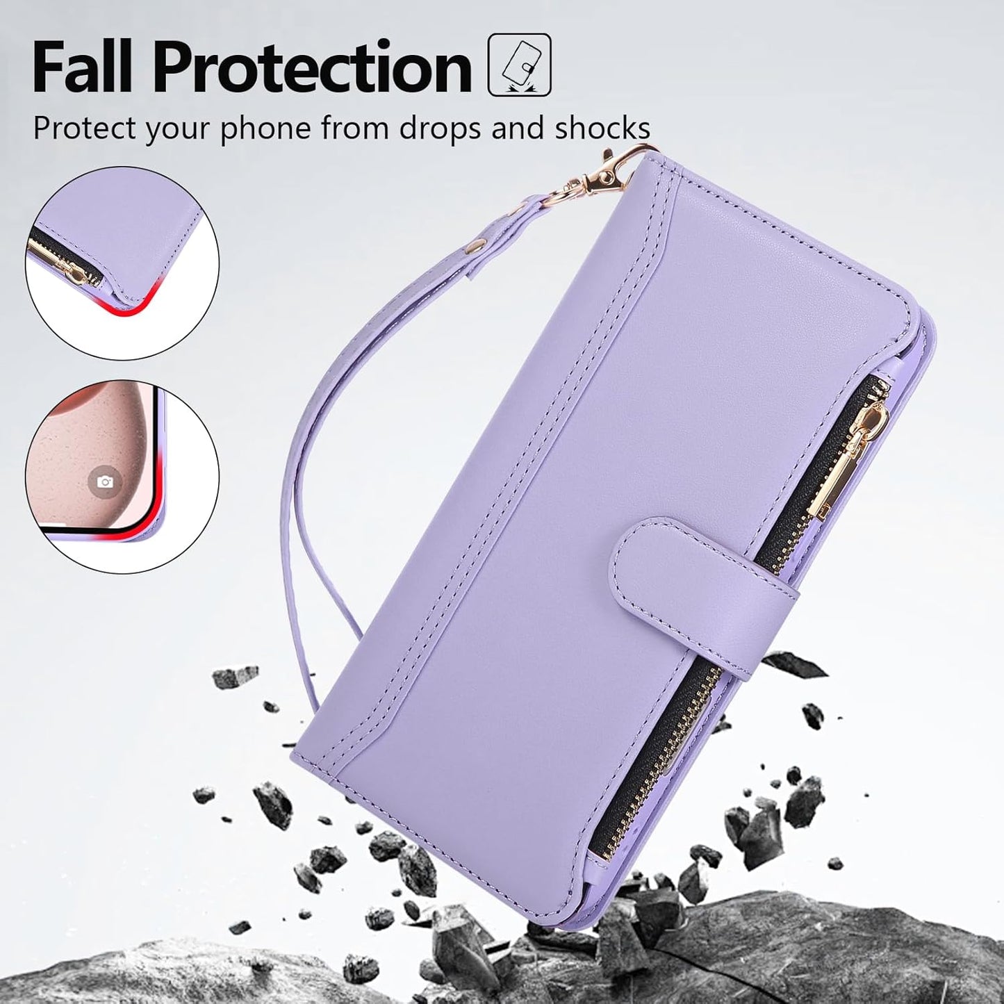 Compatible with iPhone 13 Pro Max Wallet Phone Case-PU Leather Magnetic Flip Cover with Credit Card Slots,Zipper Pocket & Detachable Wrist Strap,Shockproof Design,for Women and Men-Purple