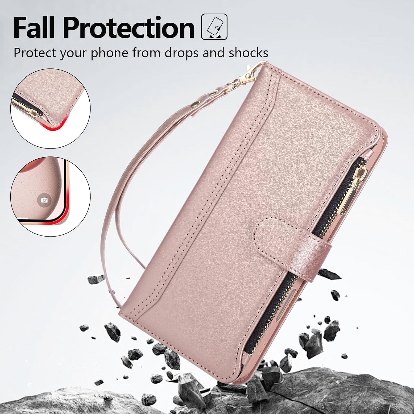 Compatible with iPhone 14 Pro Max Wallet Phone Case-PU Leather Magnetic Flip Cover with Credit Card Slots,Zipper Pocket & Detachable Wrist Strap,Shockproof Design,for Women and Men-Pink