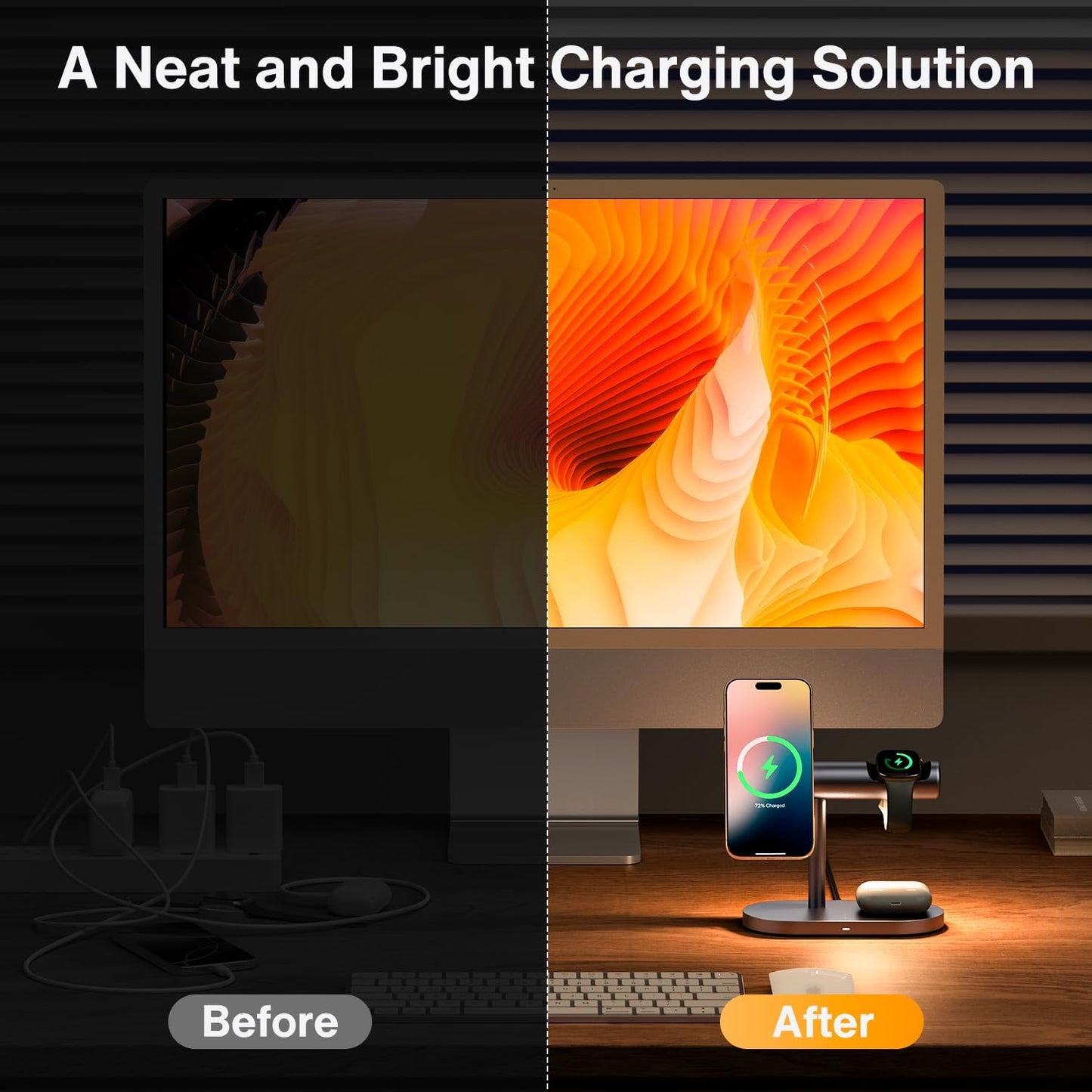 iVANKY Qi2 Certified 4 in 1 Wireless Charger Stand with Nightstand Light for MagSafe Magnetic Charging Station for iPhone 17/16 Plus Pro Max Air,Apple iWatch, Airpods (with 33 W PD Charger) 