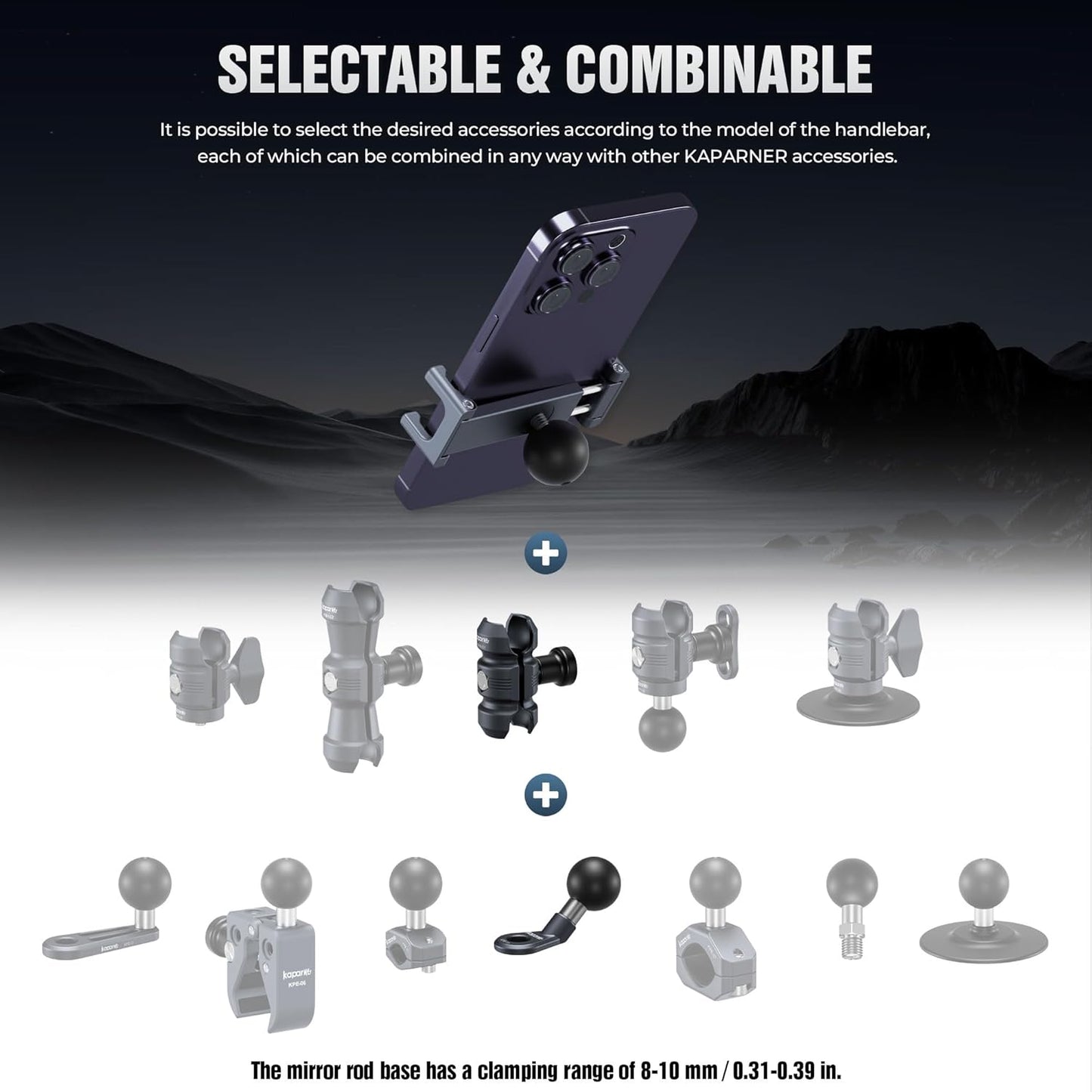 Motorcycle Phone Clip Kit, Anti-Theft Double Socket Arm/Angled Bolt-Head Adapter Ball Base for Mirrors Lever or Round Bar, Suitable for Width of 2.56-3.74" Phone (KPS-04)"