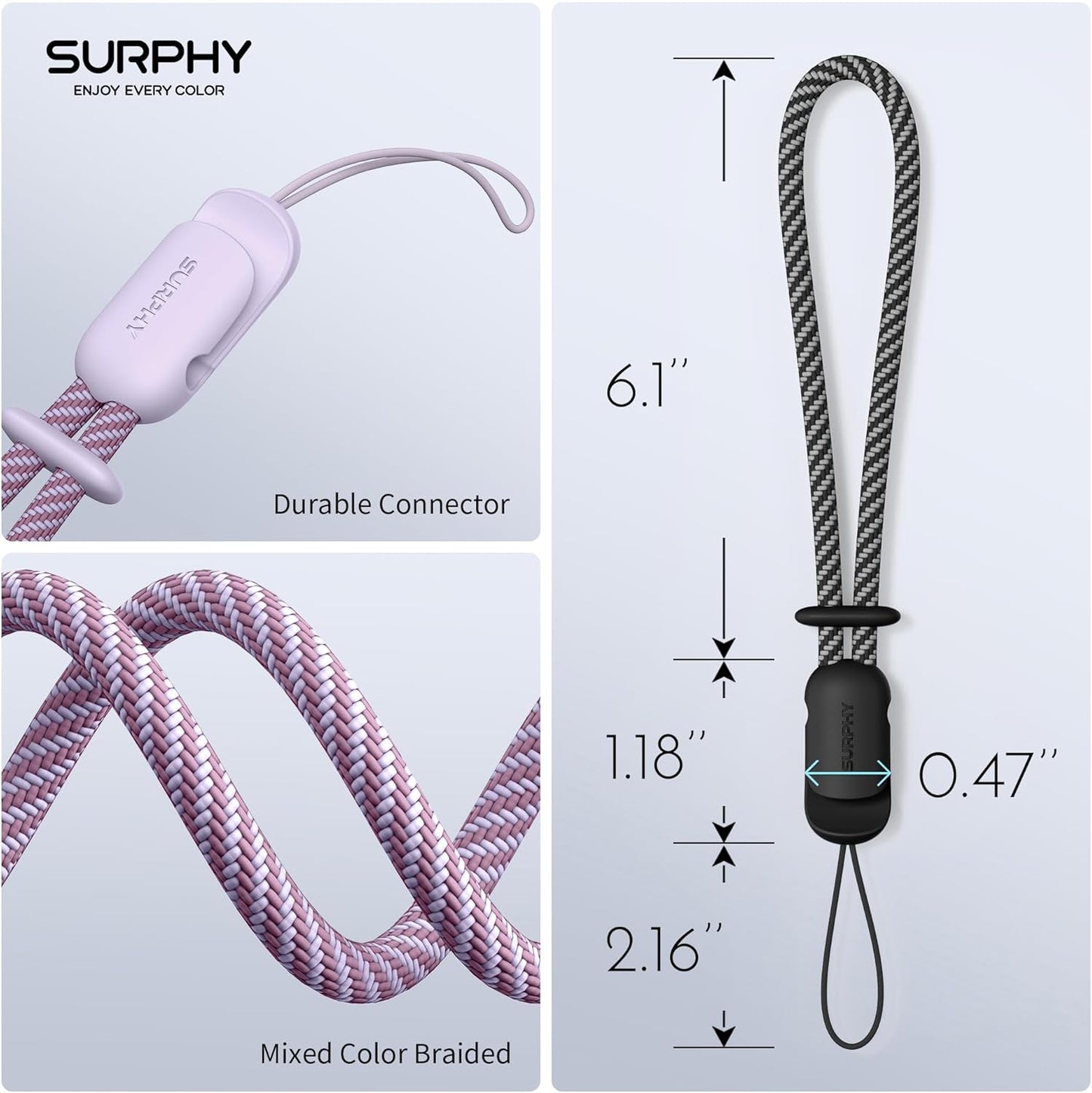 SURPHY 2 Pack Phone Lanyard for Cellphone Case, Phone Wrist Strap for Case, Cellphone Strap with 2-Color Braided, Charm Wrist Lanyard for Women, Cellphone Wrist Lanyard for Women, Black & Lilac