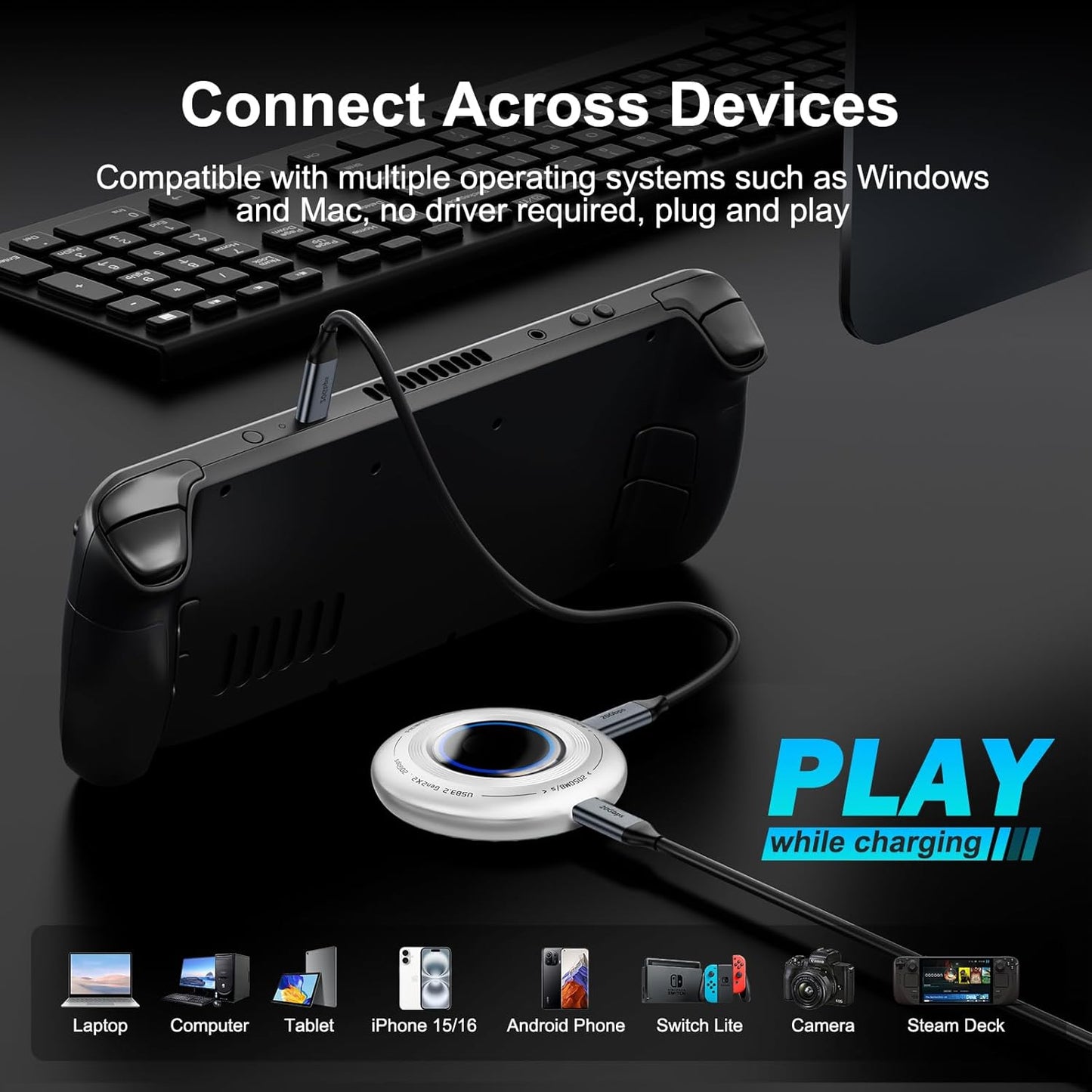 FP108 500GB Magnetic Portable SSD, External Solid State Drives with PD-100W and 2050MB/s USB-C 3.2 Gen 2x2, Play While Charging, Compatible with iPhone 16/15 Pro Max, Android, PC, Mac, Switch Lite