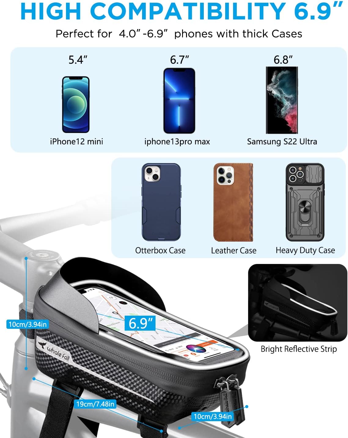 whale fall Hard Casing Bike Bag, Bike Accessories for Adult Bikes, Gifts for Men, Mens Gifts for Birthday,Bicycle Enthusiasts,Sturdy/Lighter/Waterproof, 4” - 6.9” Cellphone, Black-Reflective Strip