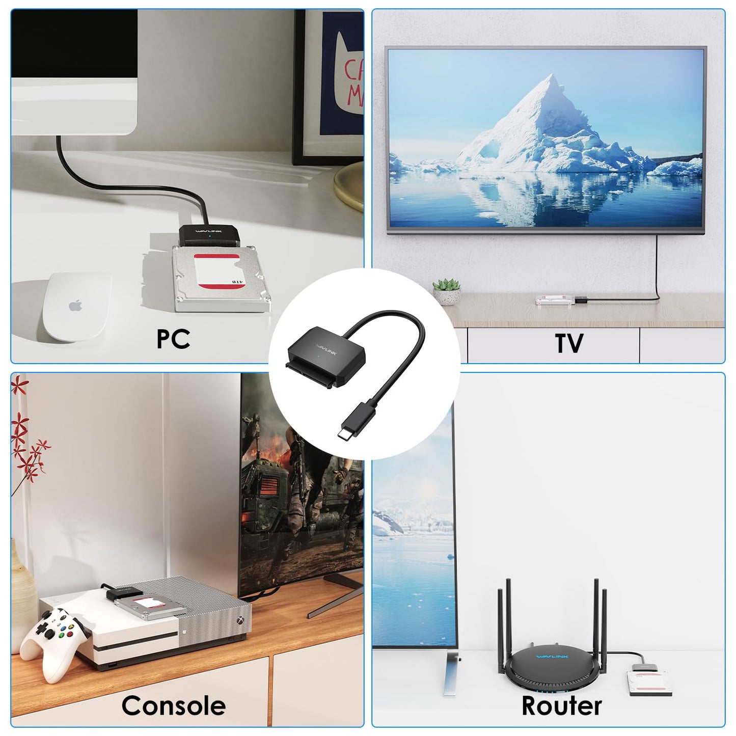 WAVLINK SATA to USB Type-C Hard Drive Cable, 5Gbps USB C to Sata Cable Support UASP, External Hard Drive SATA I/II/III Connector 2.5" SSD/HDD and 3.5" HDD up to 20TB, Power Adapter Included