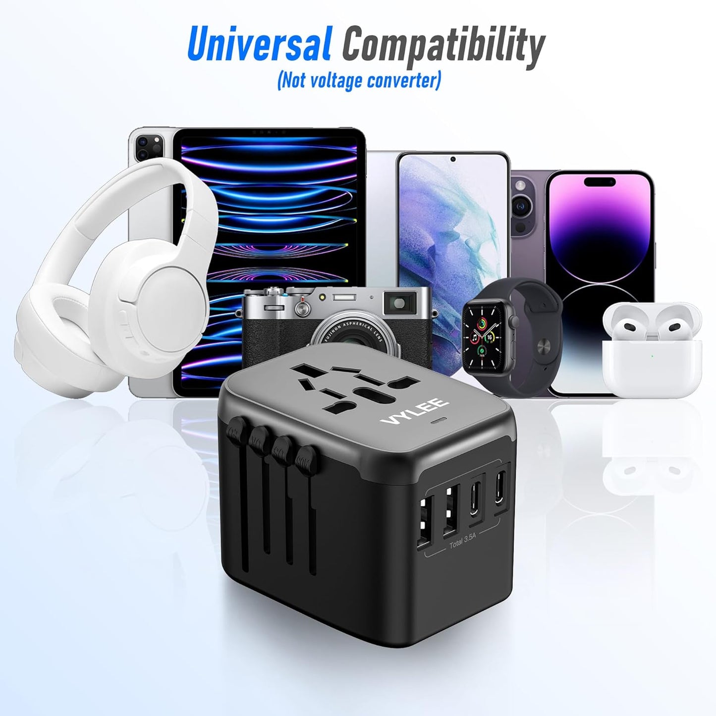 Universal Travel Adapter, VYLEE 5 in 1 International Power Adapter, 3.5A 2xUSB-A and 2xUSB C Wall Charger, Worldwide Travel Essentials Plug for Europe USA UK AUS Asia (Black Grey)