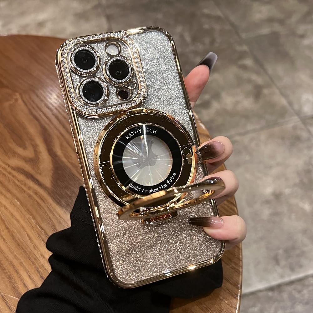 Magnetic Kickstand (Glitter Lens Protector ) Case for iPhone 15 14 13 12 Pro Max (Compatible with Magsafe ) Sparkling Diamond Cover Glitter Shiny Rhinestone Cases (Gold,for iPhone 13 Pro)
