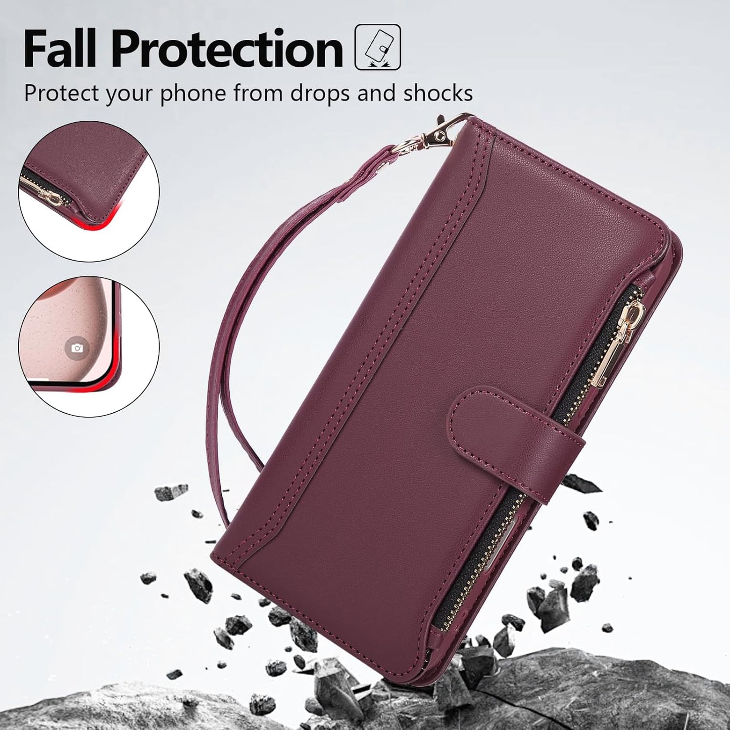 Compatible with iPhone 15 Wallet Phone Case-PU Leather Magnetic Flip Cover with Credit Card Slots,Zipper Pocket & Detachable Wrist Strap,Shockproof Design,for Women and Men-Claret