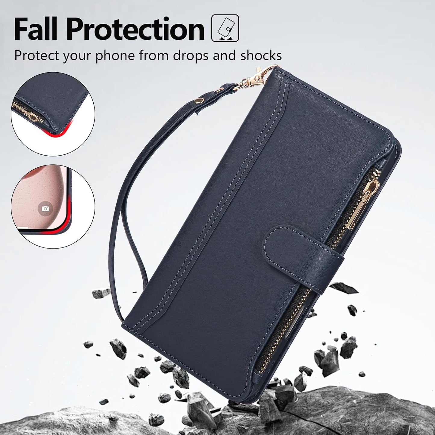 Compatible with iPhone 13/14 Wallet Phone Case-PU Leather Magnetic Flip Cover with Credit Card Slots,Zipper Pocket & Detachable Wrist Strap,Shockproof Design,for Women and Men-Navy Blue