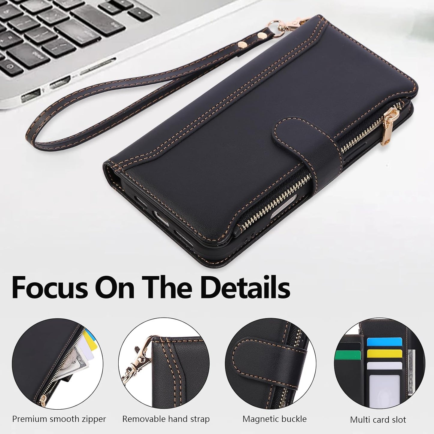 Compatible with iPhone 13/14 Wallet Phone Case-PU Leather Magnetic Flip Cover with Credit Card Slots,Zipper Pocket & Detachable Wrist Strap,Shockproof Design,for Women and Men-Black