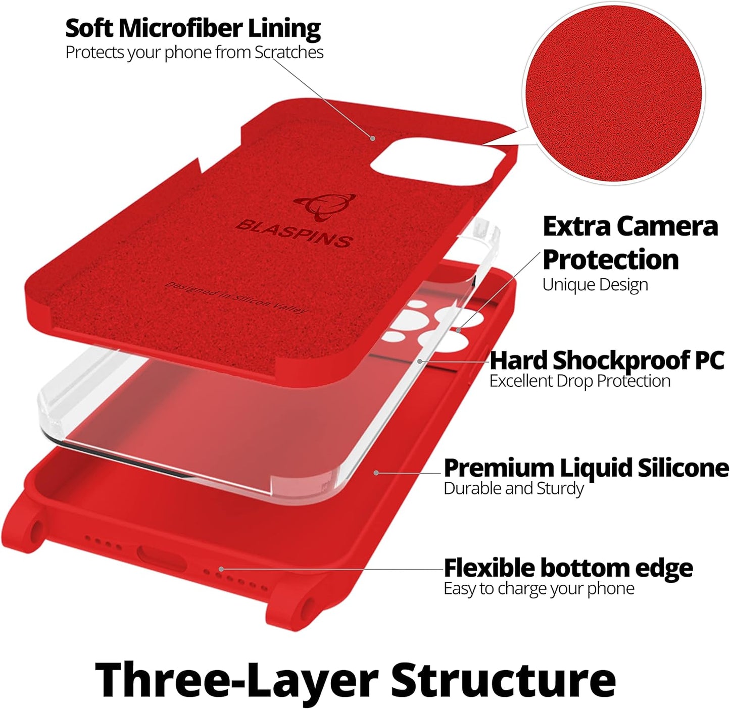 Blaspins Crossbody Lanyard Strap Case for iPhone 14, Neck Cross Body, Adjustable Holder Removable, Drop Protection Shockproof, Hands-Free Silicone Case Cover 6.1 inch, 150 cm Strap, iPhone 14 - Red