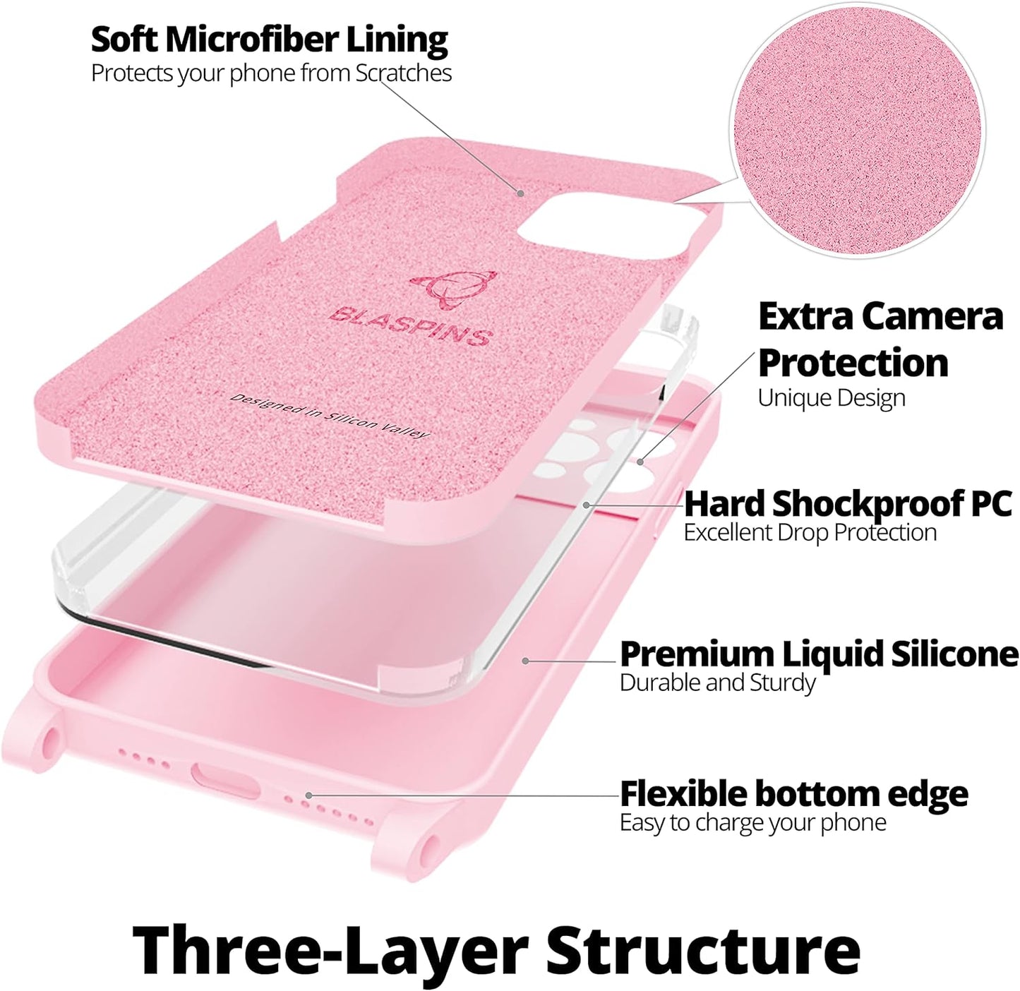 Blaspins Crossbody Strap Phone Case for iPhone 13 Pro Max, Adjustable Rope, Belt Neck Lanyard, String Detach Lanyard, Drop Proof Sturdy, Wrist Hand Free Protective Cover 6.7 inch 13 Pro Max - Pink