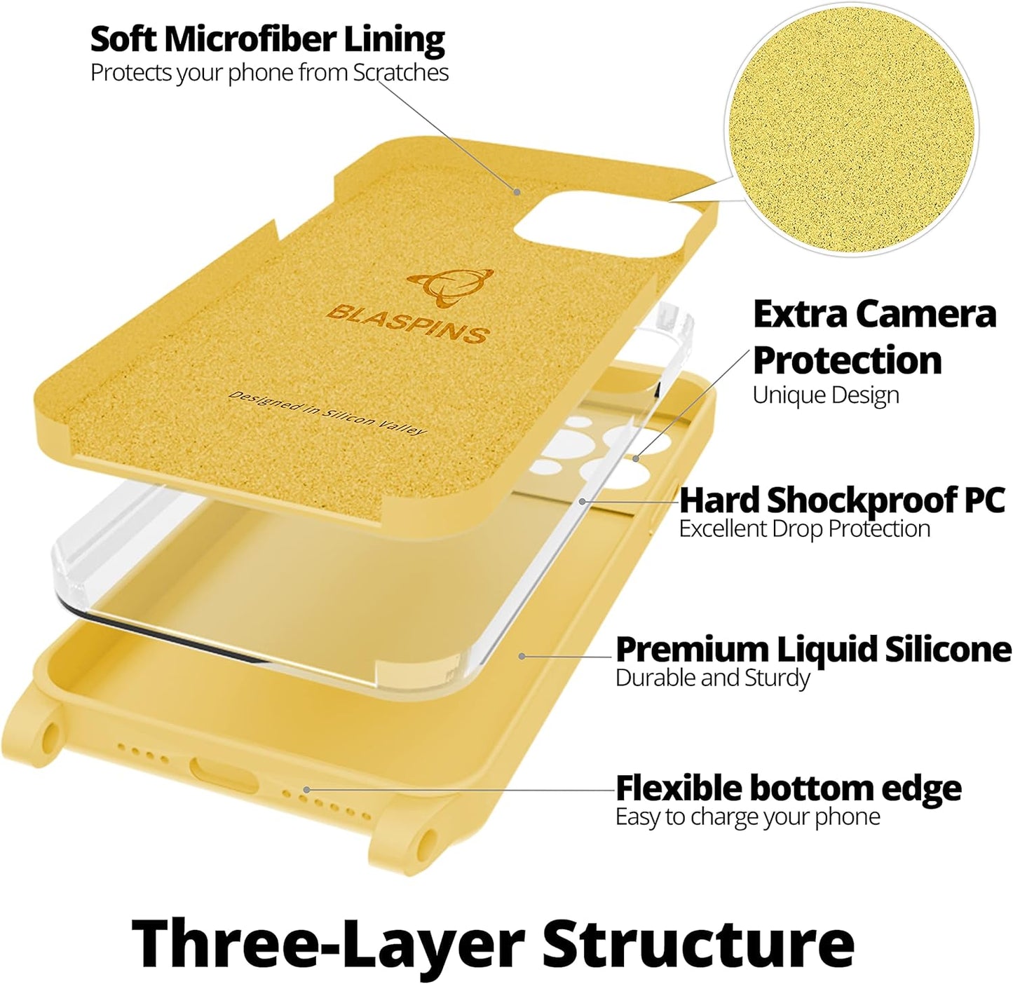 Blaspins Crossbody Lanyard Strap Case for iPhone 13, Neck Cross Body, Adjustable Holder Removable, Drop Protection Shockproof, Hands-Free Silicone Case Cover 6.1 inch, 150 cm Strap, iP13 - Yellow