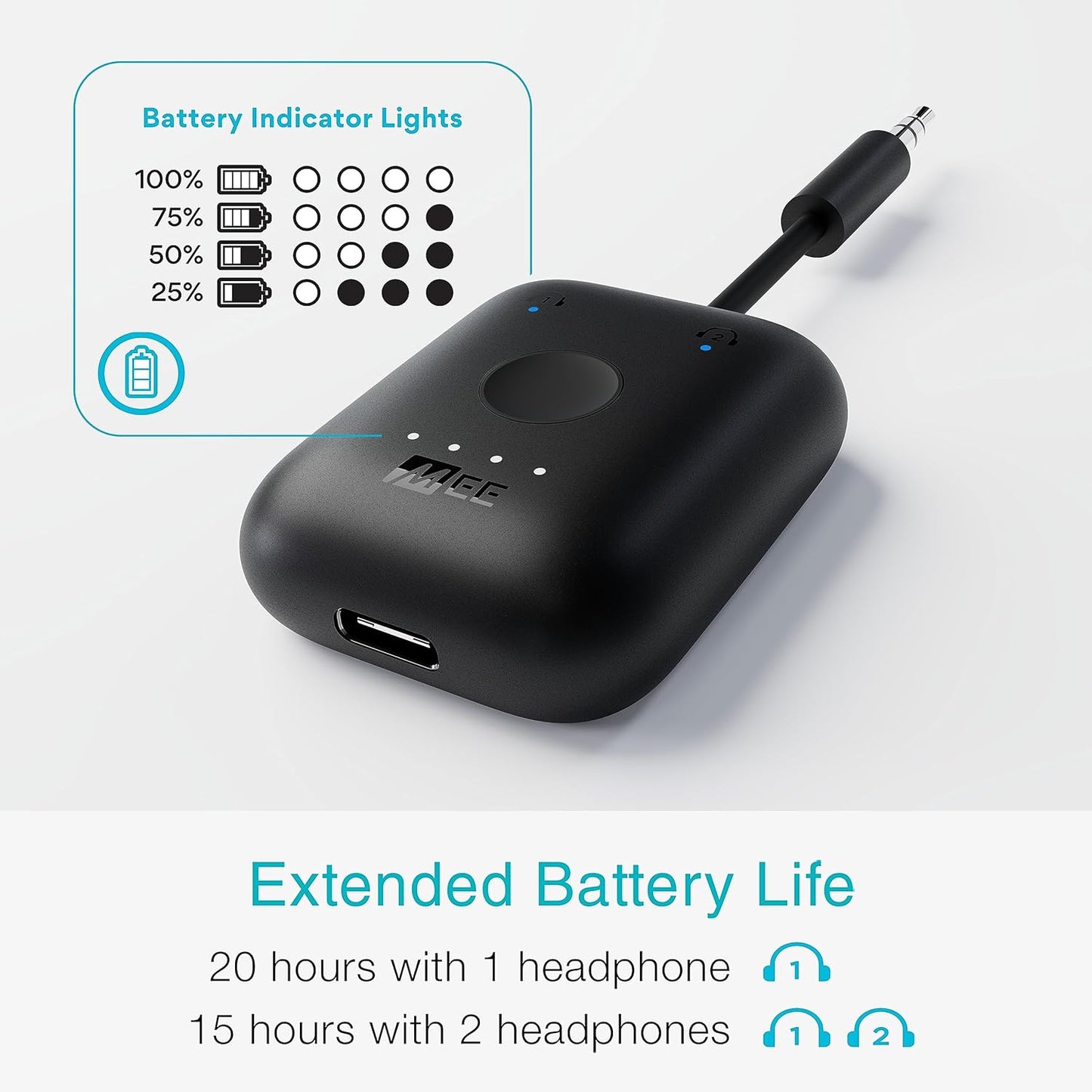 MEE audio Connect Air in-Flight Bluetooth Wireless Audio Transmitter, with Extra Dual 3.5mm Jack AUX Adapter, for up to 2 AirPods/Other Headphones; Works with All 3.5mm Aux Jacks, Black