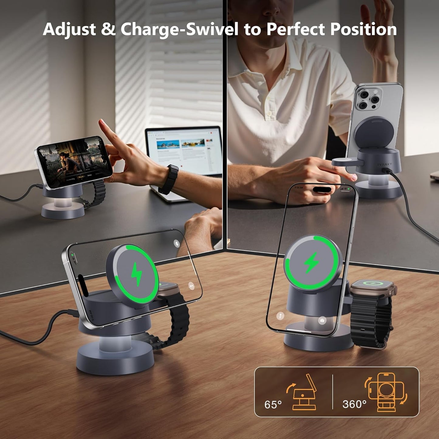 iVANKY 4 in 1 Wireless Charging Station with Mushroom Light for MagSafe Magnetic Charger, Travel Stand 3 in 1 Charge for iPhone 17-11 Pro Max Plus Air, Apple iWatch, Airpods(Includes 33W Adapter) 