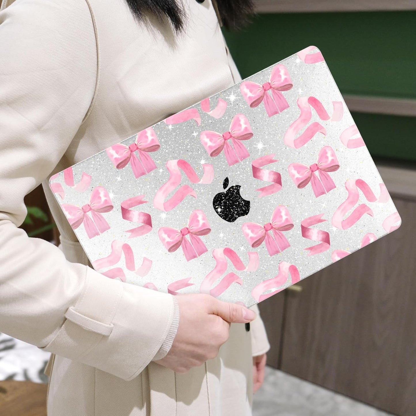MEEgoodo for MacBook Air 13.3 inch Case 2021 2020 2019 2018 A2337 M1 A2179 A1932, Laptop Shell for MacBook Air M1 with Keyboard Webcam Cover & Trackpad Film & Type C Adapter,Pink Satin Bow