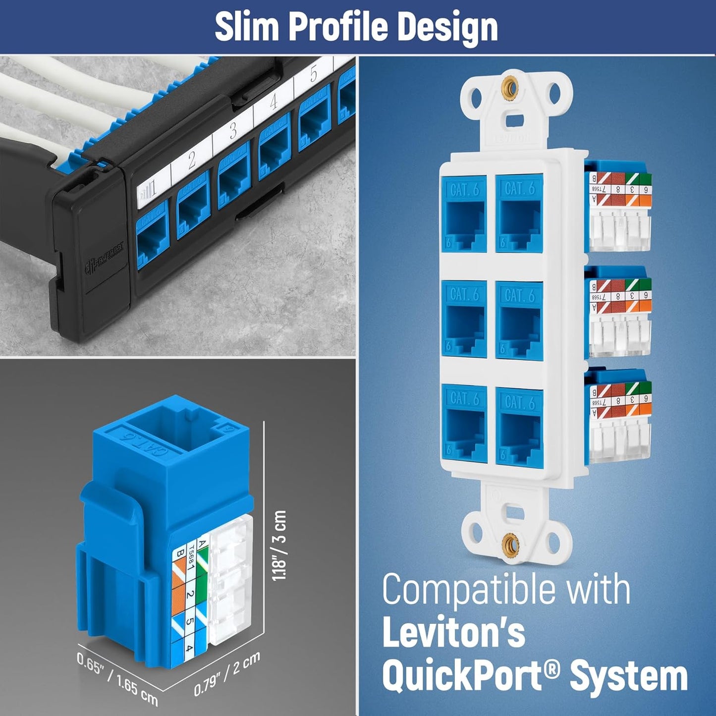 Everest 90° Angled RJ45 Cat6A Keystone Jacks 100-Pack in Blue - Slim Profile Female RJ45 Connectors - Cat 6A Keystone Jack - Compatible with 90° Angled Speed Termination Tool - easyJACK (B094WB91H3)