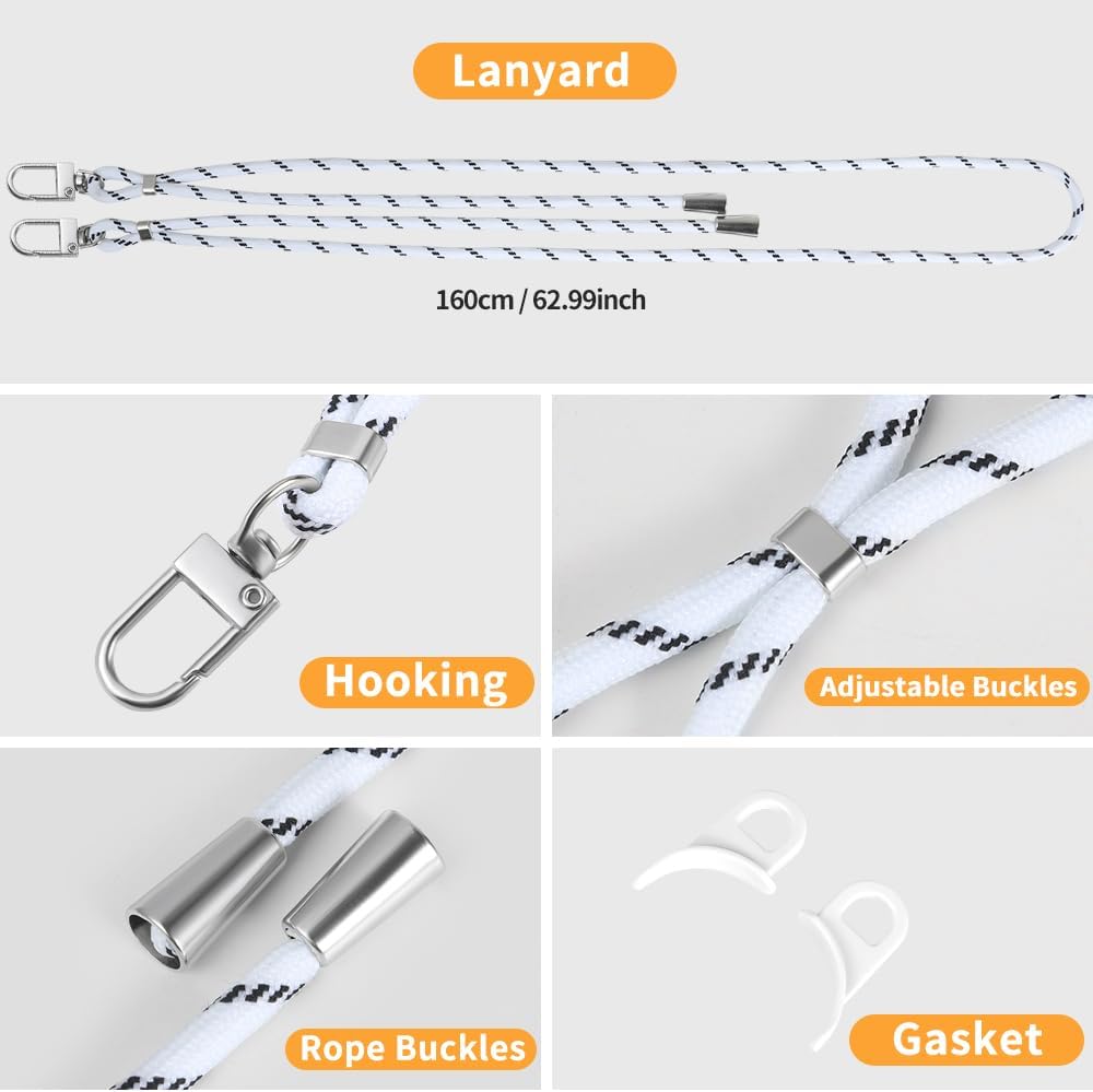 for iPhone 16e Case with Adjustable Phone Lanyard Strap, Compatible with MagSafe, Shockproof Military-Grade Protection, Magnetic Phone Case, Classic Clear White Hybrid Case, Yellowing Resistant