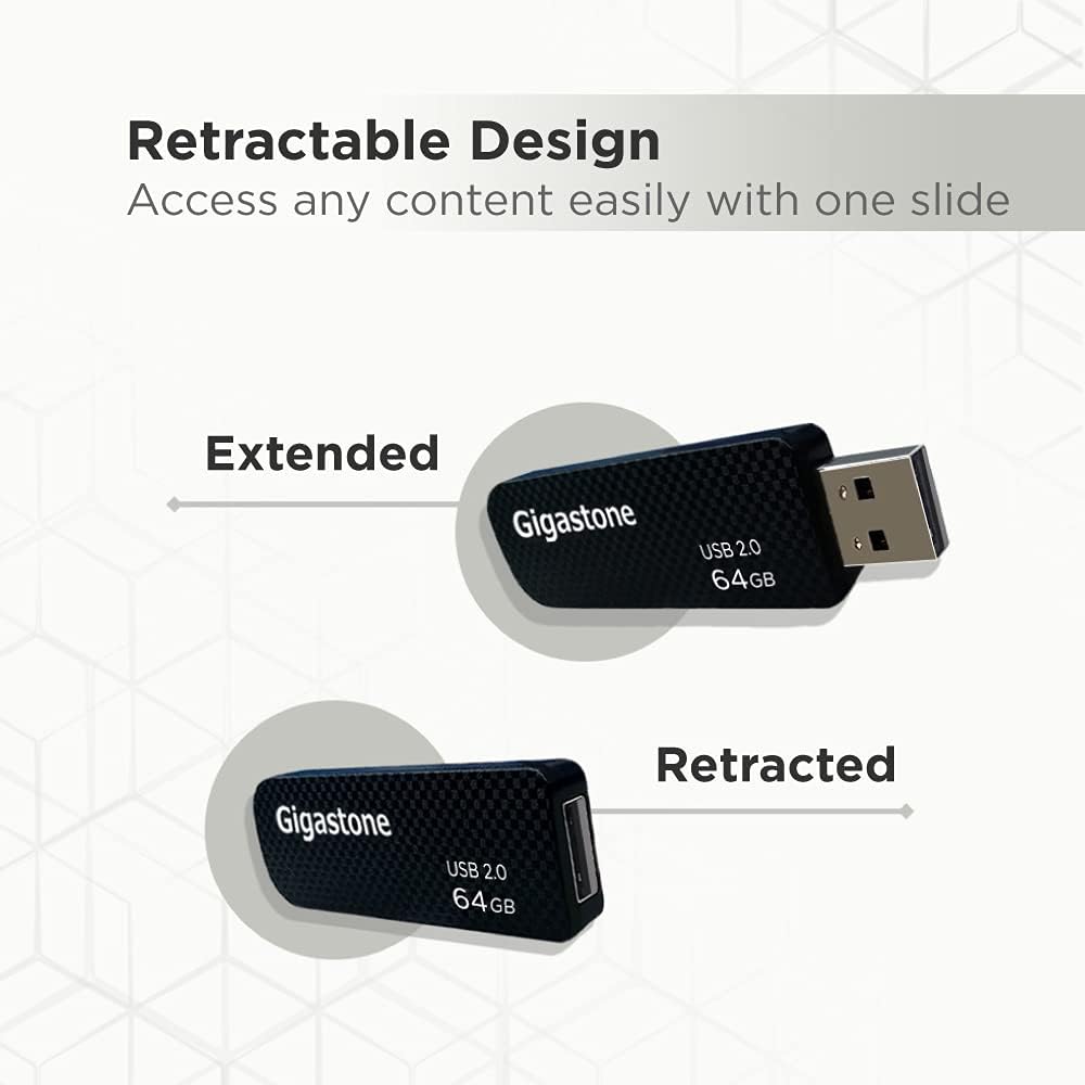 GIGASTONE V30 64GB USB 2.0 Flash Drive 2-Pack, Capless Retractable Design Pen Drive, Carbon Fiber Style, Reliable Performance & Durable