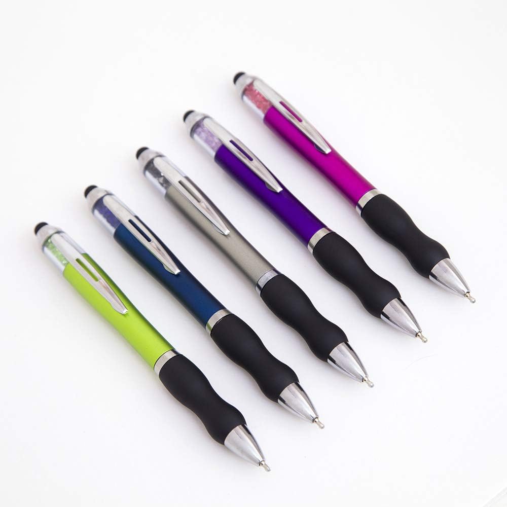 Stylus Pens for Touch Screens Medium Point Pens with Crystals for Women and Kids Black Ink Pen with Stylus Ballpoint Pens with Comfort Grip for The iPad, 5-Pack