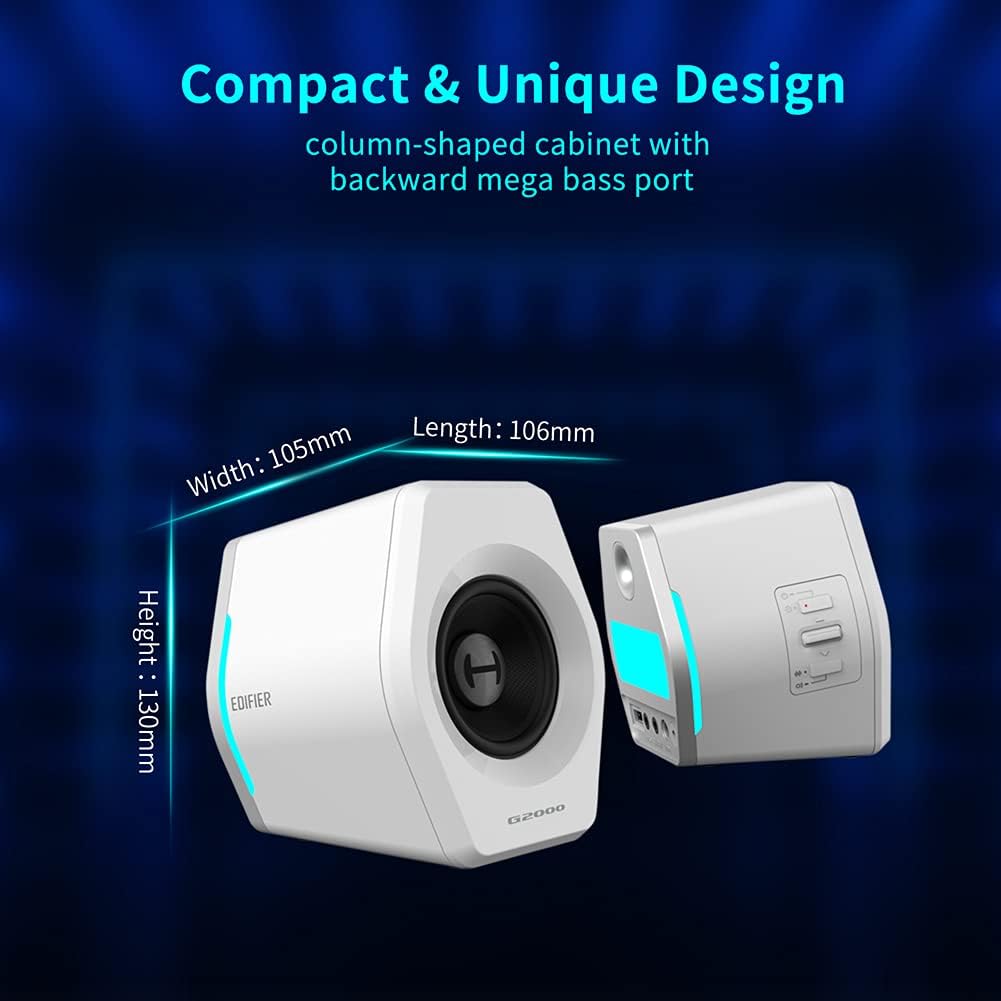 G2000 32W PC Computer Speakers for Gaming Desktop PC Laptop Mac Computer Woofer Speakers Bluetooth USB 3.5mm AUX Inputs RGB Lights Multimedia Speakers White