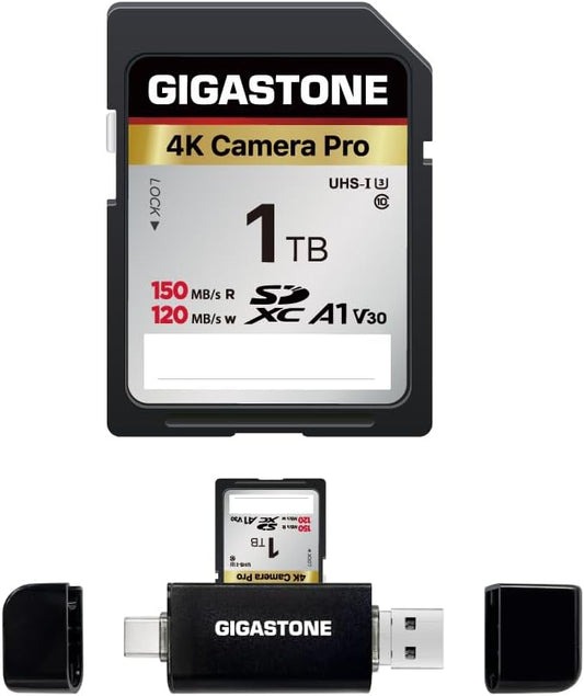 [5-Yrs Free Data Recovery] GIGASTONE 1TB SD Card with USB Type C Card Reader, 4K Camera Pro, A1 V30 U3 SDXC Memory Card Compatible with Canon Digital Camera, with 1 Mini case