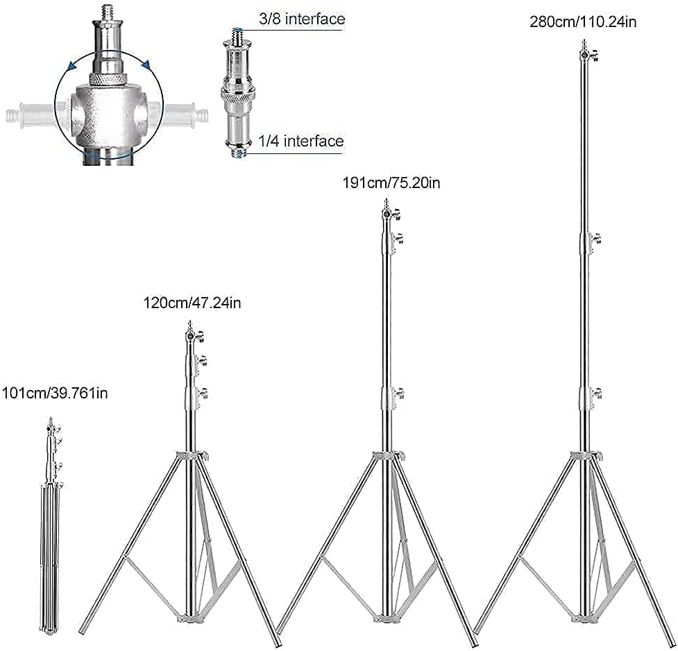 Stainless Steel Photography Video Tripod Stand, Spring Cushioned Heavy Duty Tripod Stand, 9.5ft/2.8m, Universal Adapter for Photography Studio Monolight Reflector Portrait