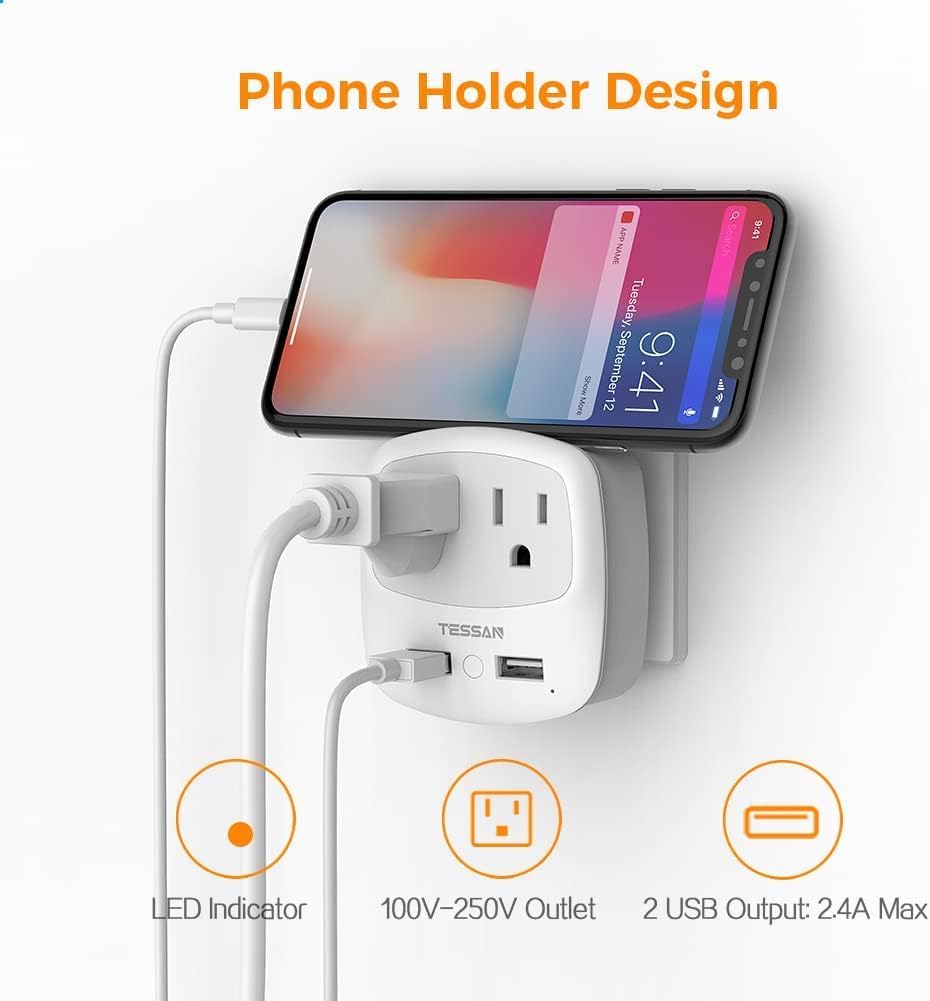 TESSAN European Travel Plug Adapter 2 Pack, US to Europe Power Adaptor with 2 USB 2 AC Outlets, International Charger USA to Most of EU Italy Iceland Spain France Greece Germany (Type C)