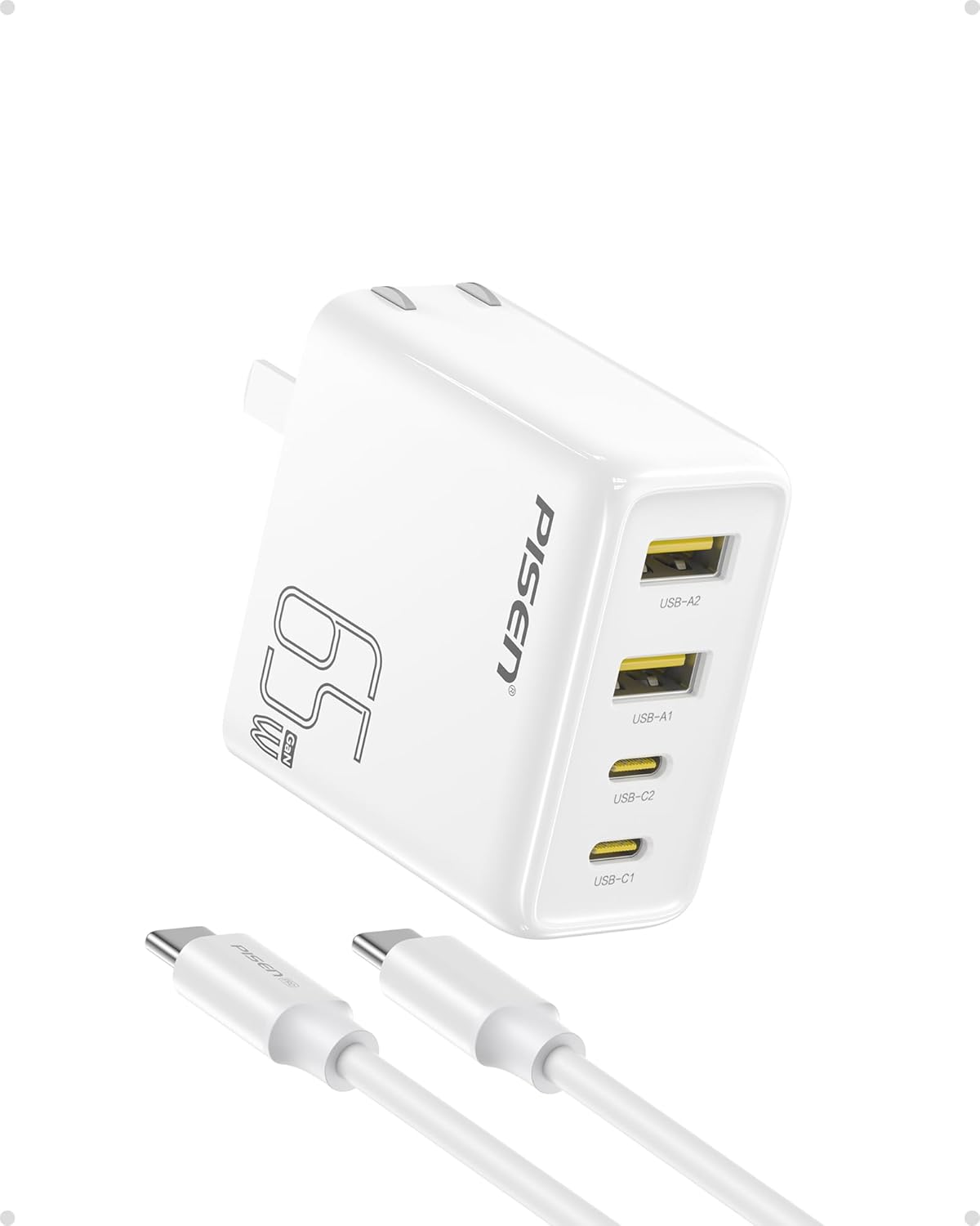 PISEN 65W USB C Fast Charger - 4FT USB-C Cable, 4-Port Compact Foldable GaN Charger, PPS for MacBook Pro/Air, iPad Pro, Galaxy S23, iPhone Series