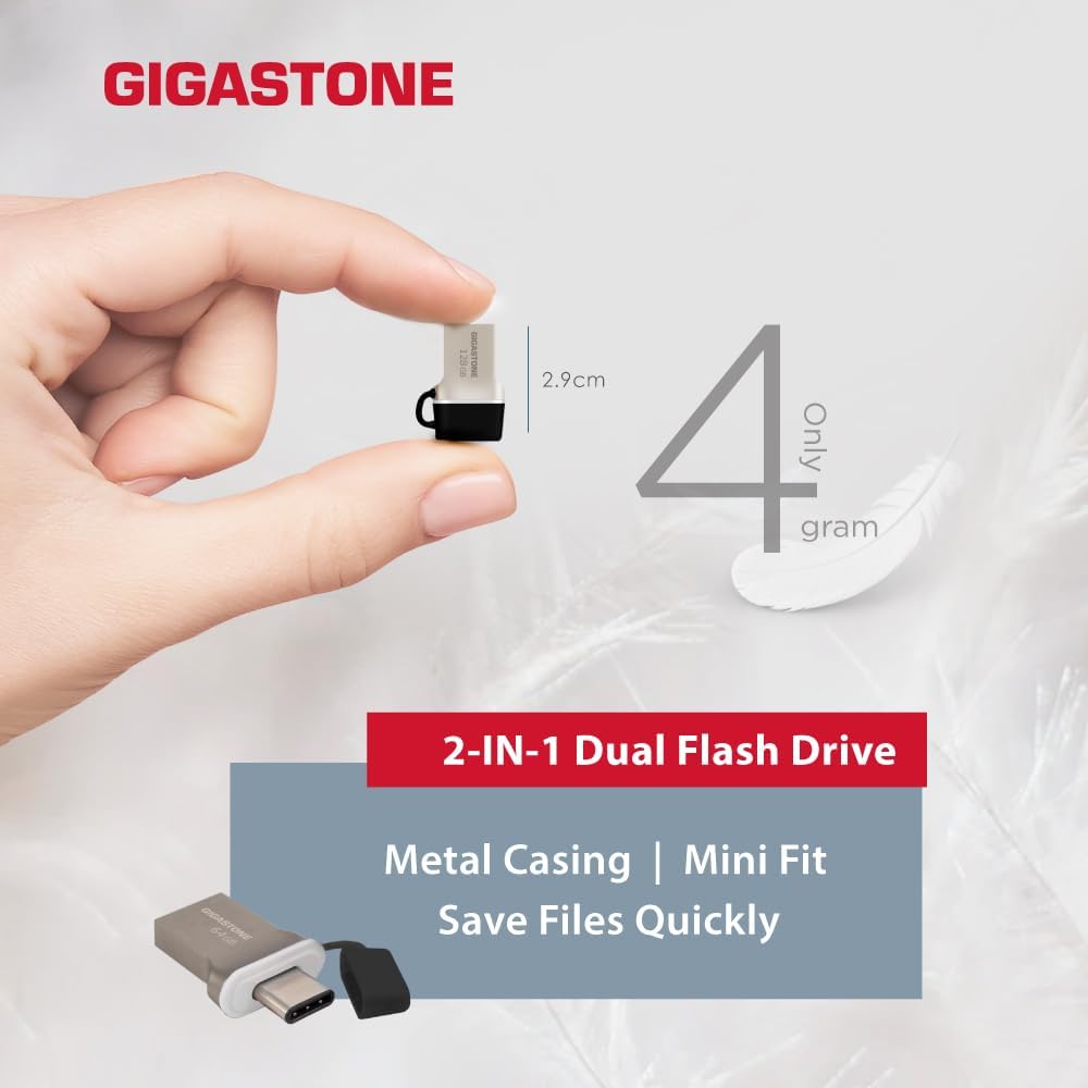 GIGASTONE 32GB Nano Luxus Dual Drive, Z50 USB 3.2 Gen 1, 2-in-1 USB-A & Type-C, 100MB/s Ultra Fast, Cap Design, Metal, Plug & Play for Smartphone/PC/Mac/TV/Car, 2.0/3.0/3.1 Compatible