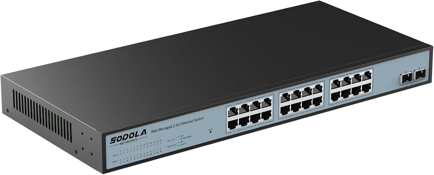 SODOLA 24 Port 2.5G Smart Web Managed Switch,24 x 2.5G Base-T Ports, 2 x 10G SFP+, Link Aggregation/QoS/VLAN/IGMP, 1U Mounted Multi-Gigabit Network Switch