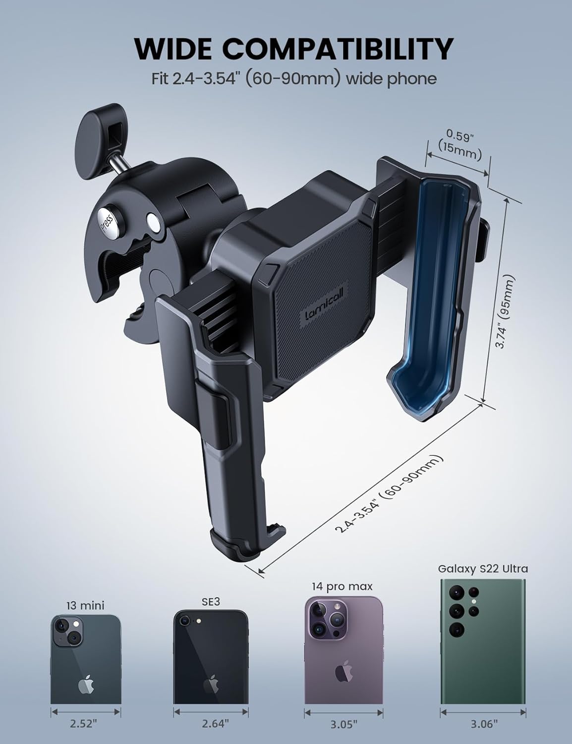 Lamicall Motorcycle Phone Mount Holder - [Camera Friendly] [1s Lock] Bike Phone Holder Handlebar Clamp, Bicycle Scooter Phone Clip, for iPhone 16 Pro Max, 15 14 13, Galaxy S25 Ultra, 4.7-7" Phones"