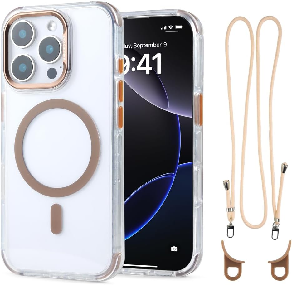 for iPhone 16 Pro Case with 62.99 inch Lanyard, Classic Clear&Brown Magnetic Phone Case, Drop&Shockproof Protection Cases, Phone Lanyard for Around The Neck, Compatible with Magnet Accessory