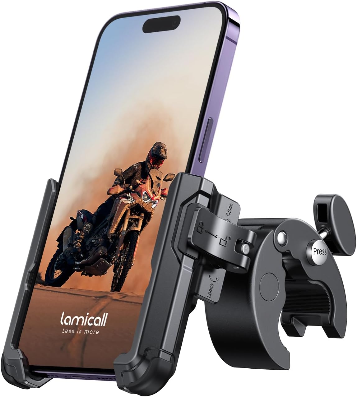 Lamicall Motorcycle Phone Mount Holder - [Camera Friendly] [1s Lock] Bike Phone Holder Handlebar Clamp, Bicycle Scooter Phone Clip, for iPhone 16 Pro Max, 15 14 13, Galaxy S25 Ultra, 4.7-7" Phones"