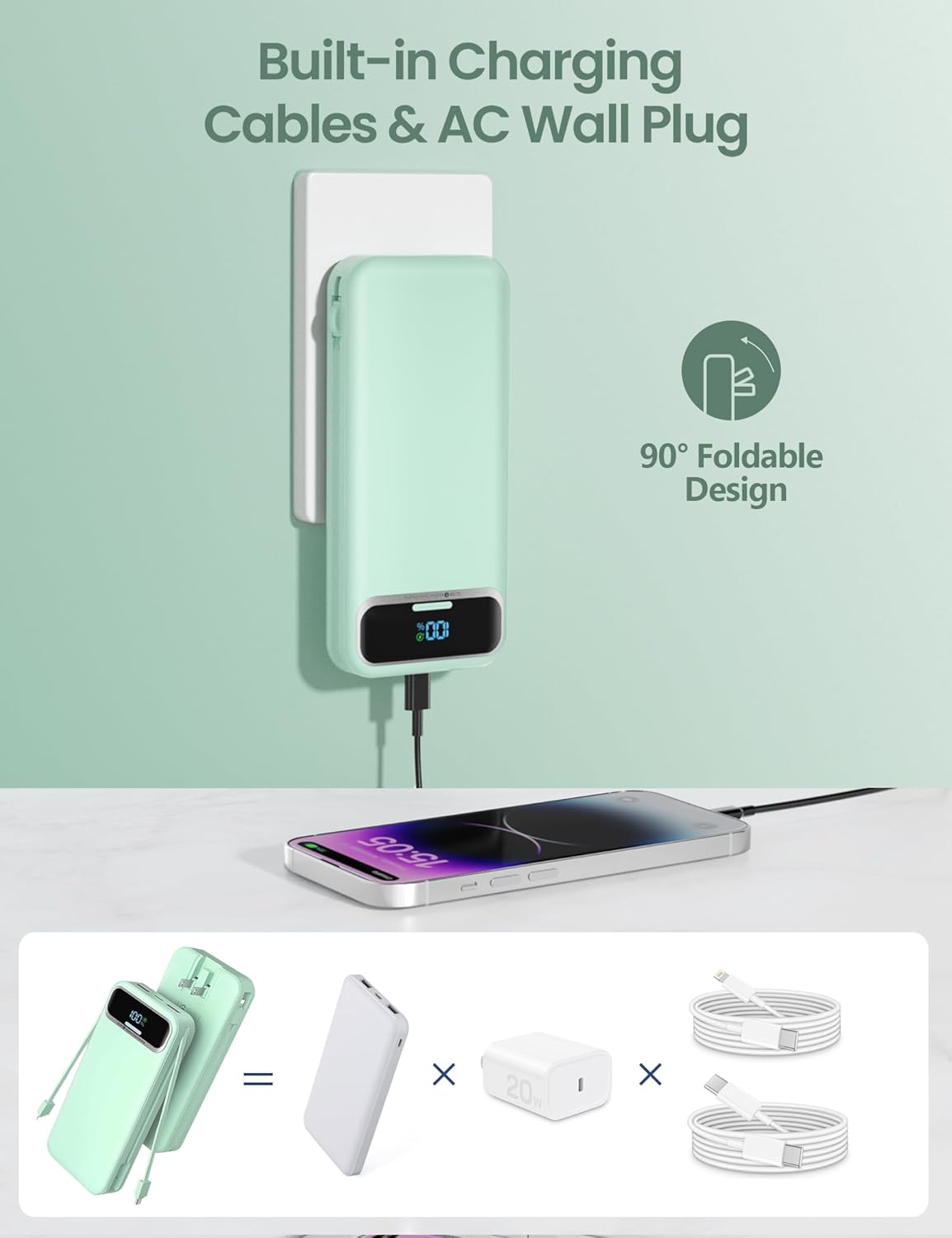 12000mAh Lightweight-Portable-Charger-Power-Bank with Built-in Cables and AC Wall Plug, PD20W USB-C Fast Charging Battery Pack, LED Display External Travel Phone Charger for All iPhone,Samsung,Android
