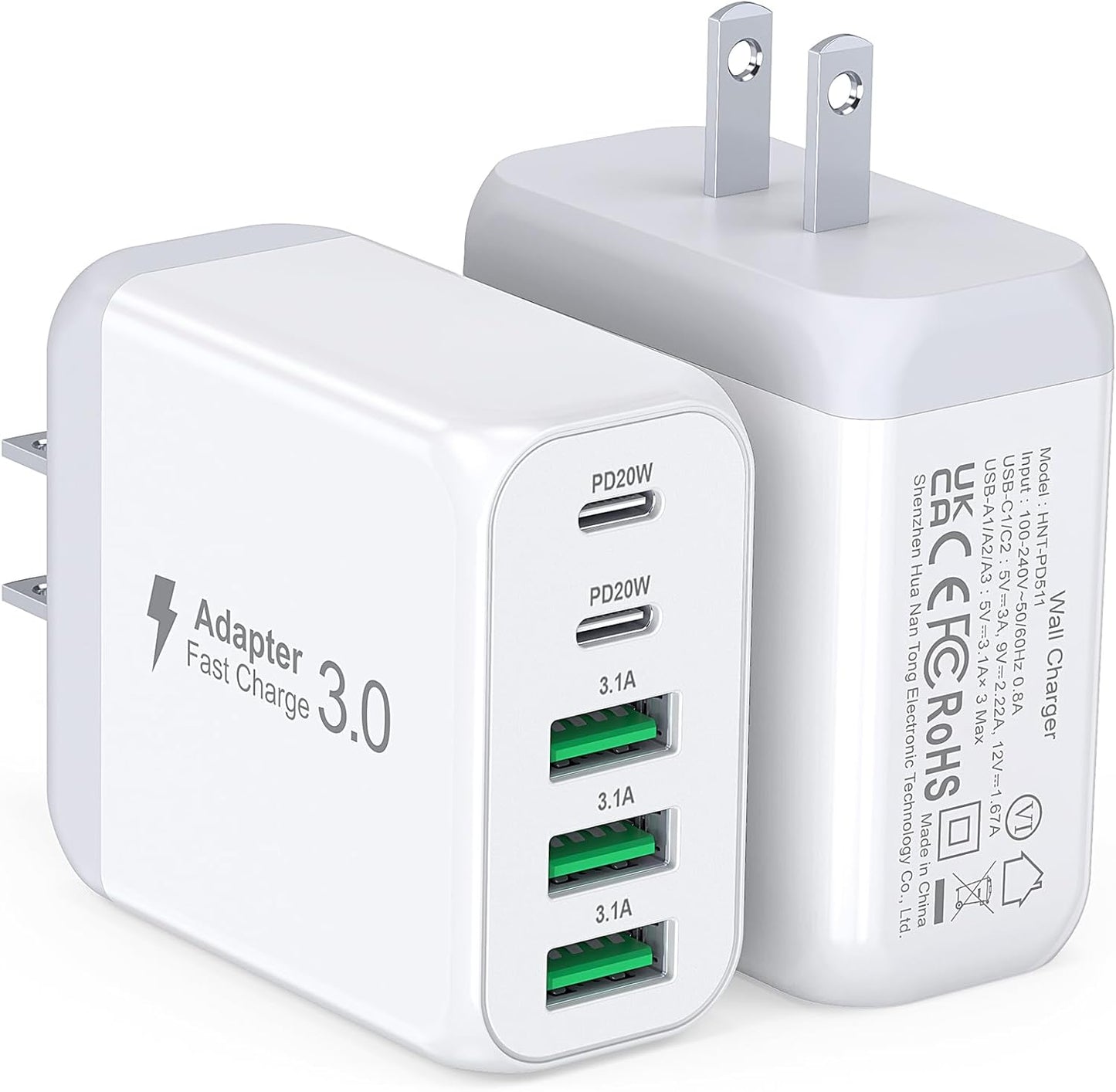 USB C Wall Charger Block, 2Pack 50W 5-Port C Charger Fast Charging Block PD Power Adapter +QC 3.0 Multiport Type C Box Brick Cube USB A Wall Plug for iPhone 16/15/14 Pro Max Plus, iPad,Samsung Galaxy
