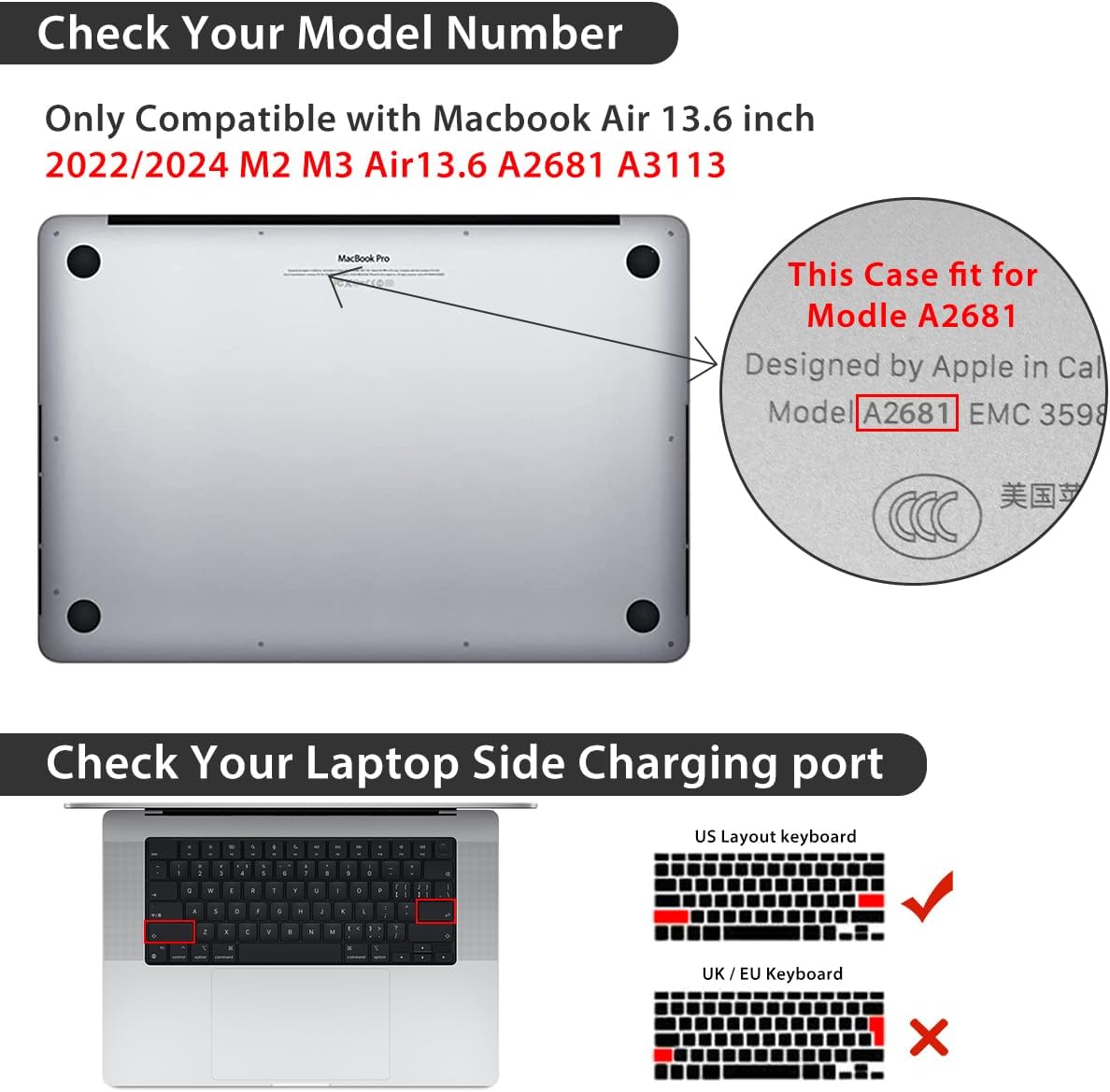 for 2025 2024 2023 2022 MacBook Air 13 inch Case M4 A3240 M3 A3113 M2 A2681 with Touch ID& 13.6" Liquid Retina Display, Plastic Hard Shell&Keyboard Cover&Screen Film&Webcam Cover, Cups